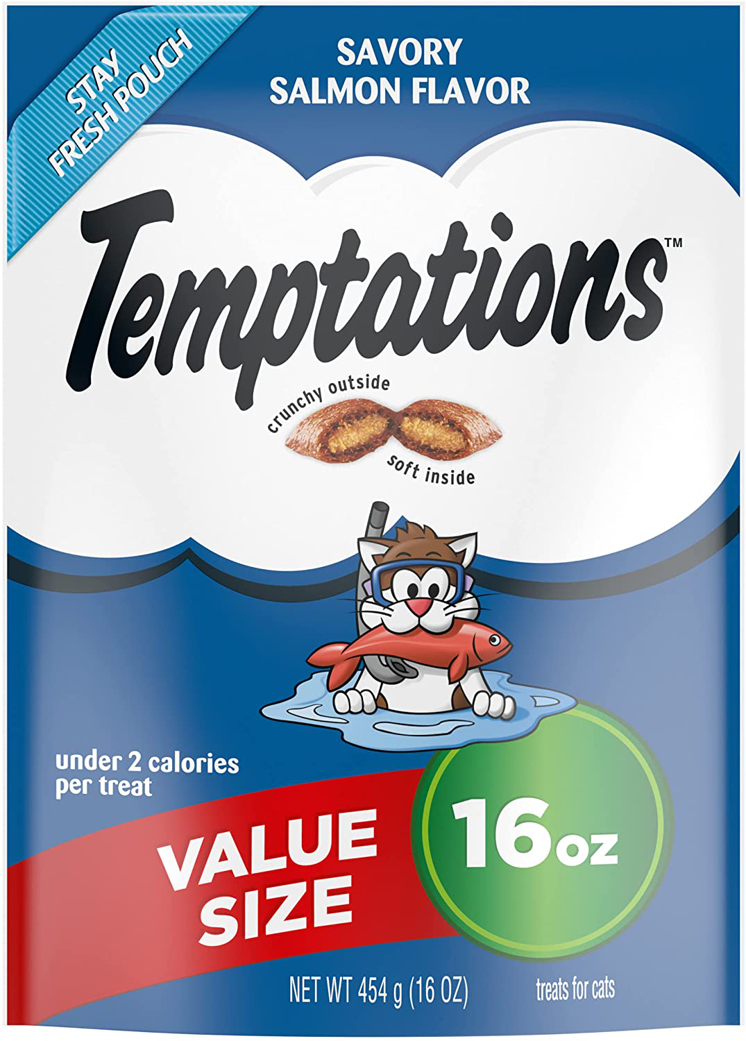 TEMPTATIONS Classic Crunchy and Soft Cat Treats, 16 Oz., Pouches and Tubs Animals & Pet Supplies > Pet Supplies > Cat Supplies > Cat Treats Temptations Salmon 16 oz. Resealable Pouch