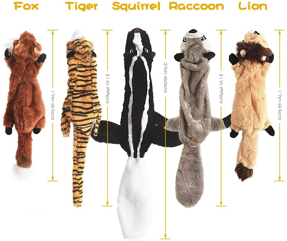 Dog Squeaky Toys, No Stuffing Plush Chew Toy for Small Medium Dogs Puppy Aggressive Chewers Large Breed, 5 Pack Cute Animal Raccoon Squirrel Tiger Fox and Lion, Tough Durable Teething Interactive Gift Animals & Pet Supplies > Pet Supplies > Dog Supplies > Dog Toys FIREOR