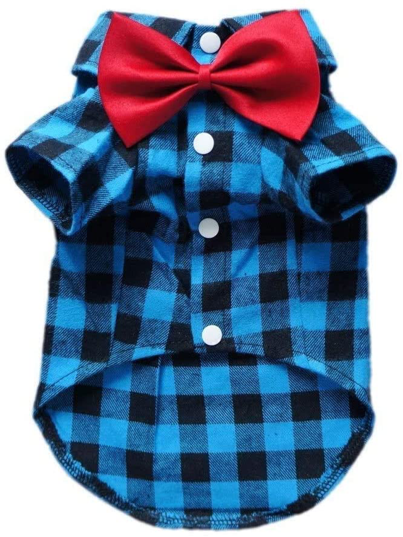HOODDEAL Soft Casual Dog Plaid Shirts Blue and Black Gentle Dog Western Shirt Dog Clothes Dog Cotton Shirt + Dog Wedding Tie,Blue (Small) Animals & Pet Supplies > Pet Supplies > Dog Supplies > Dog Apparel HOODDEAL