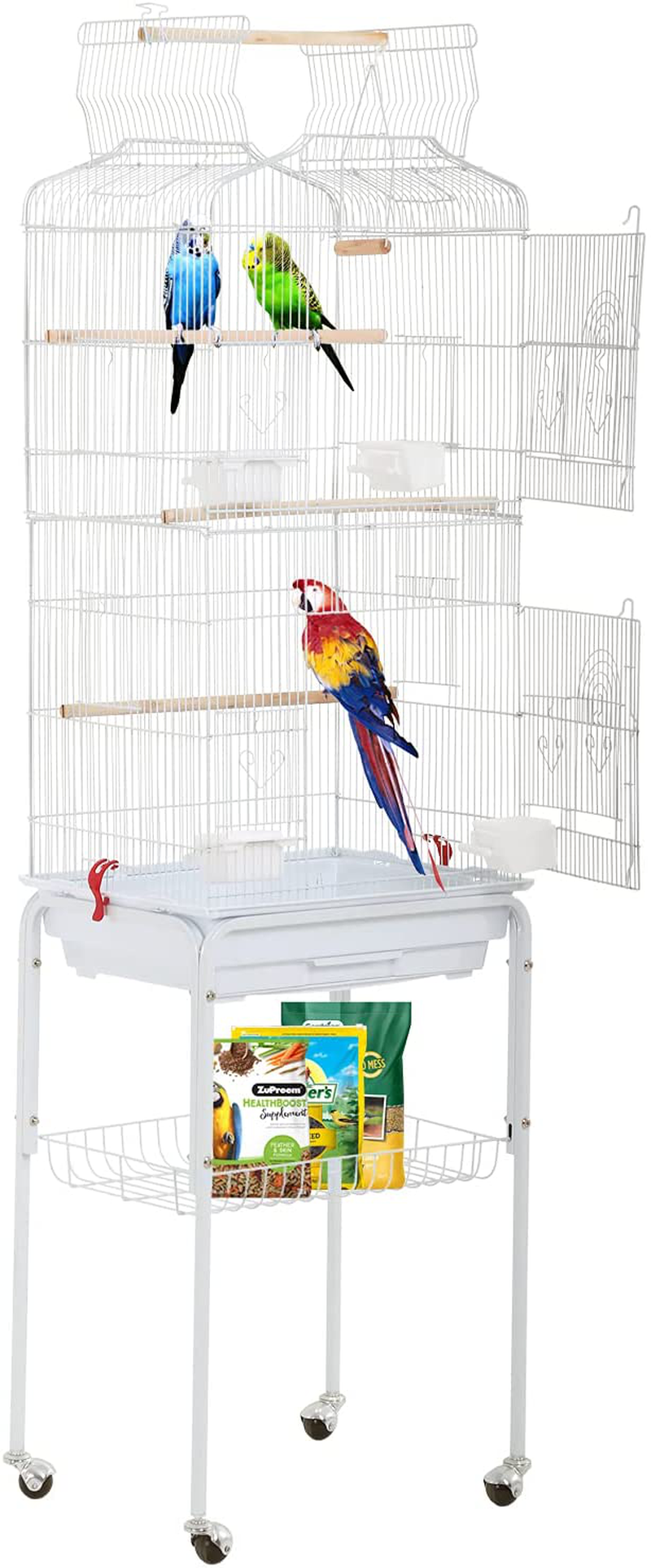 HCY Open Top Standing Bird Cage 64 Inch with Rolling Stand for Parakeets Cockatiel Parrots Lovebirds Medium Small Bird Cage Animals & Pet Supplies > Pet Supplies > Bird Supplies > Bird Cages & Stands HCY White