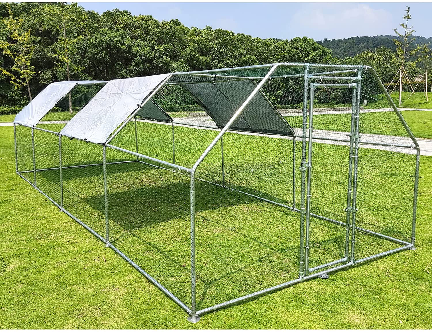 Hiwokk Large Metal Chicken Coop Walk-In Cage Chicken Run Duck House Chicken Pen Dog Kennel Flat Roofed Cage with Waterproof and Anti-Ultraviolet Cover for Outdoor Farm Use(9.2' L X 18.4' W X 6.4' H) Animals & Pet Supplies > Pet Supplies > Dog Supplies > Dog Kennels & Runs HIWOKK 9.2' L x24.9' W x 6.4' H