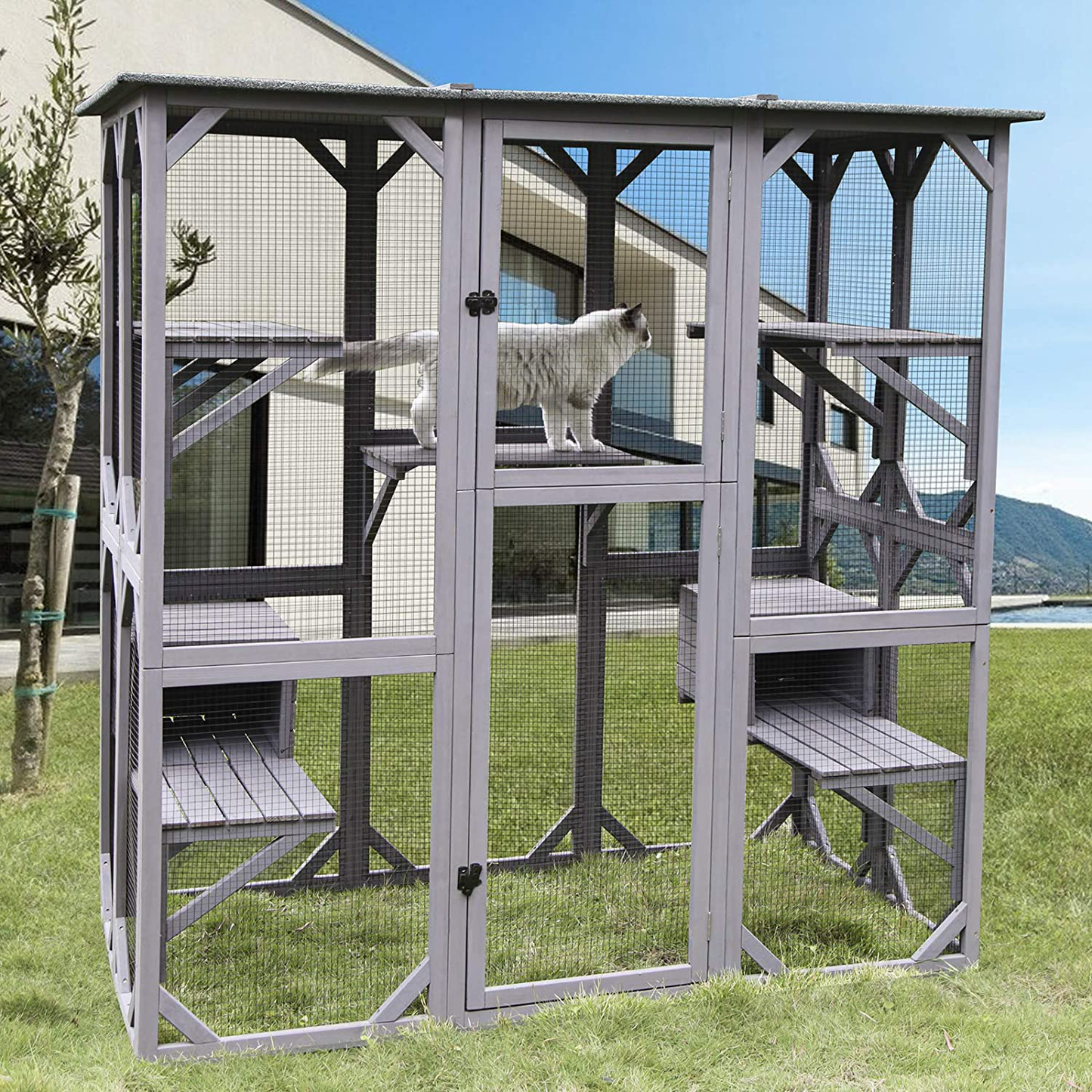 Aivituvin Cat House Outdoor Catio Kitty Enclosure with Super Large Enter Door, Wooden Cat Cage Condo Indoor Playpen with Platforms & Small House-71 Inch Animals & Pet Supplies > Pet Supplies > Cat Supplies > Cat Furniture Aivituvin