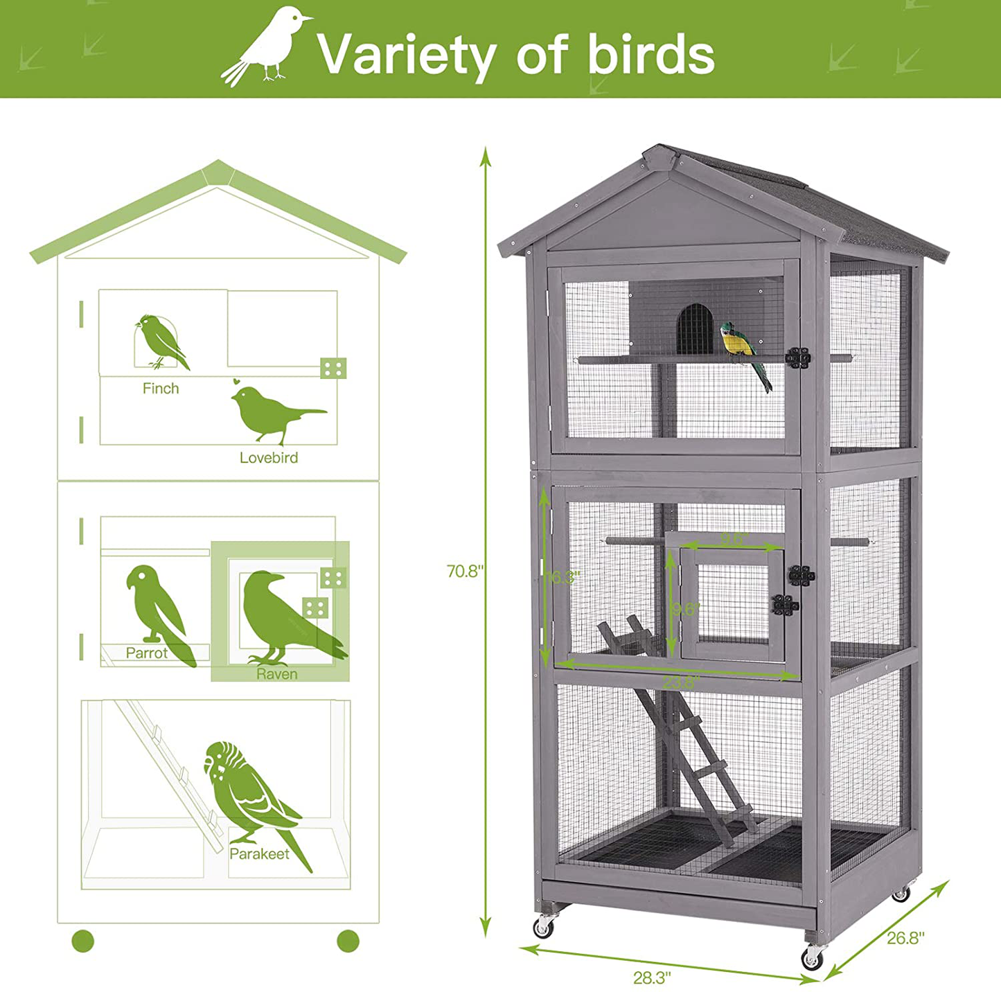 GUTINNEEN Outdoor Bird Aviary Wooden Large Bird Cage on Wheels, Featuring Play Stand, Perches, Nest Habitat, Include Wire Mesh above Bottom Tray Easy to Clean Animals & Pet Supplies > Pet Supplies > Bird Supplies > Bird Cage Accessories GUTINNEEN