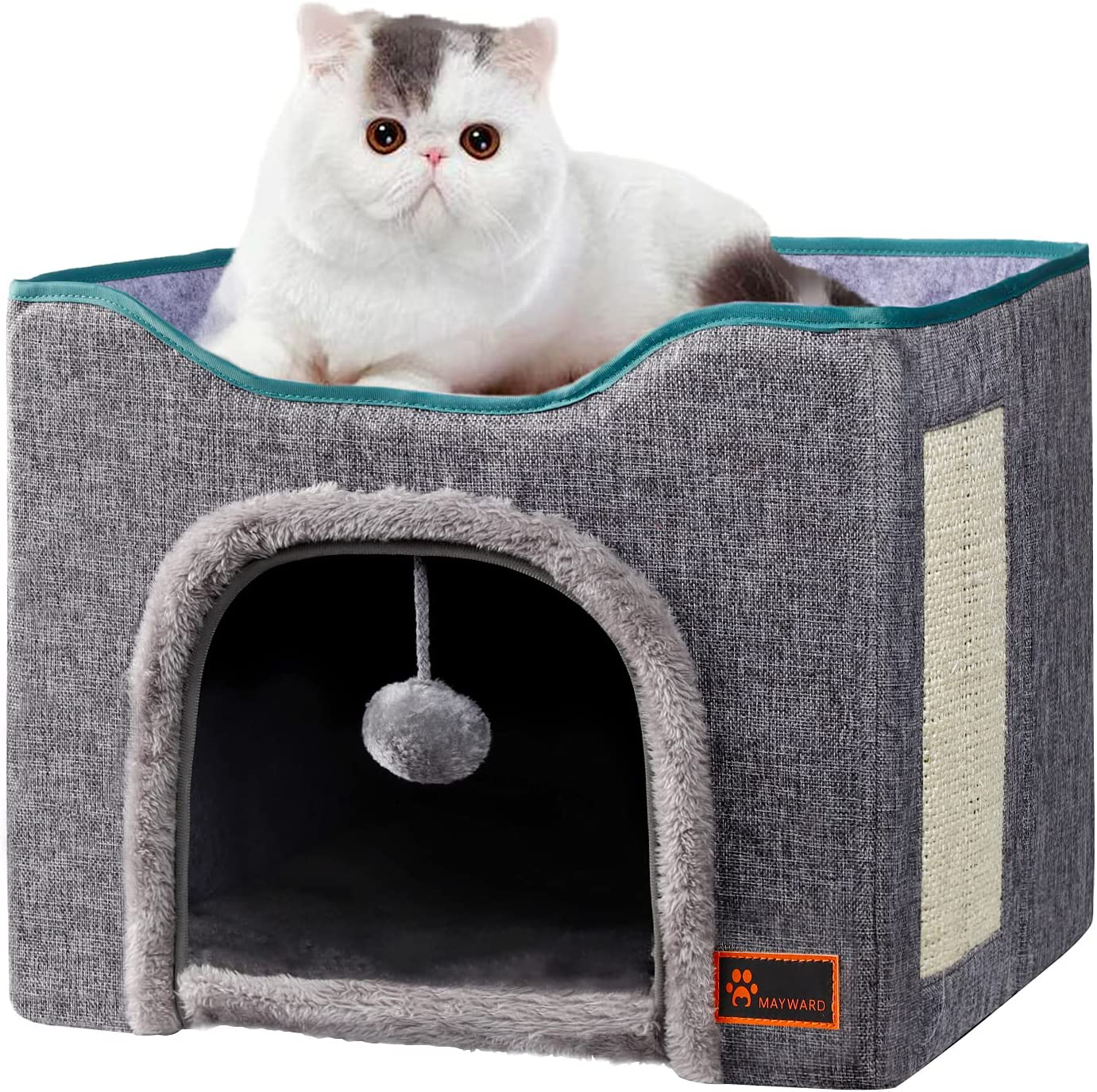 MAYWARD Cat Cube Foldable Cat House with Detachable Storage Box for Indoor, Multifunctional Cat Bed Cave with Ball Hanging and Scratch Pad for All Seasons Animals & Pet Supplies > Pet Supplies > Cat Supplies > Cat Furniture MAYWARD gray1