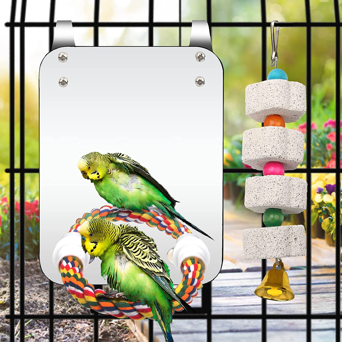 Catcan Bird Cage Mirror, Bird Mirror with Perch Rope for Cage Cockatiels Cotton Rope Standing Bar Parrot Mirror with Parrot Molar Toy Pendant Animals & Pet Supplies > Pet Supplies > Bird Supplies > Bird Cage Accessories Catcan