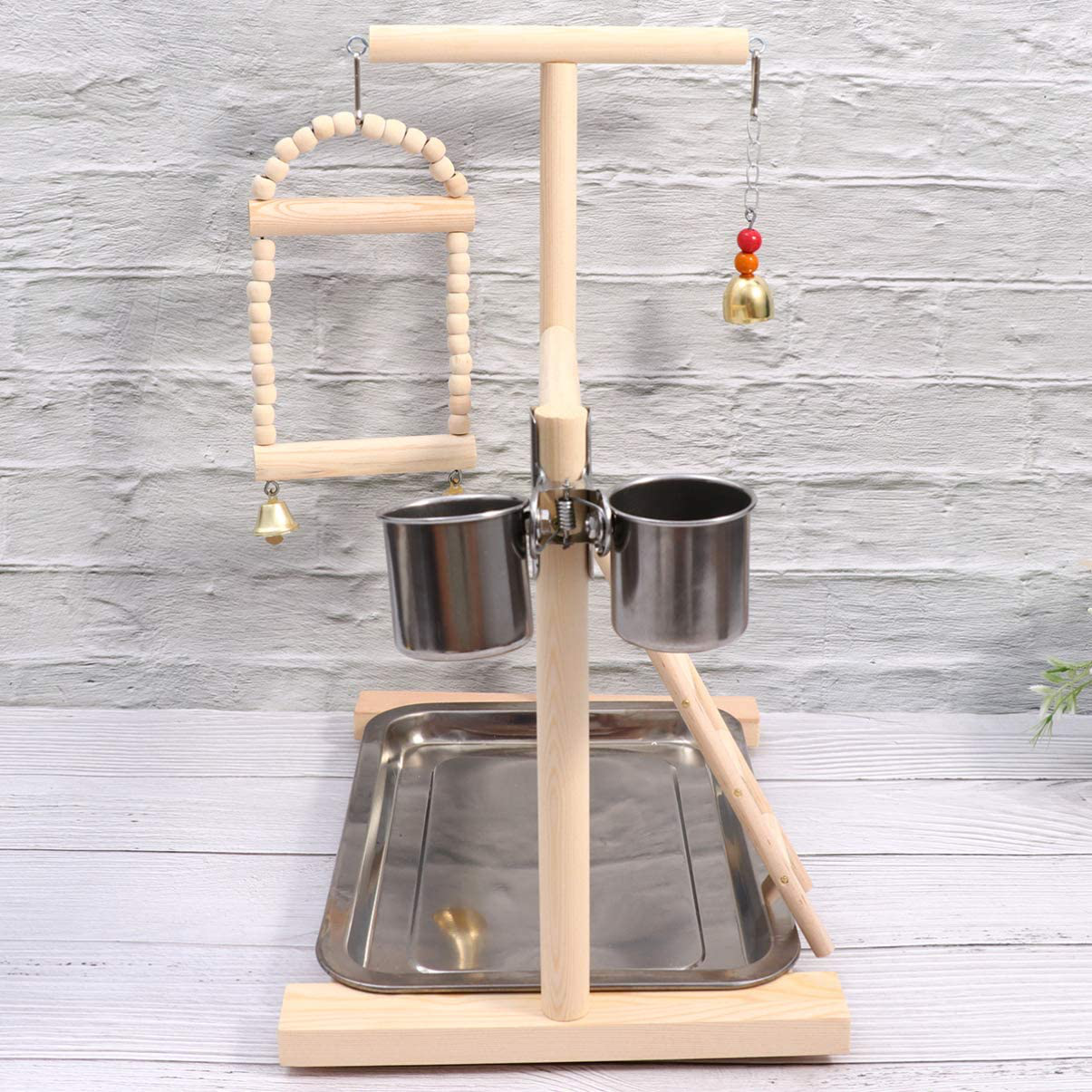 POPETPOP Parrot Perch Playground - Bird Training Stand Wood Bird Gym Playpen with Feeder Seed Cups Ladder, Exercise Play Toys for Budgies, Conures, Parakeets Animals & Pet Supplies > Pet Supplies > Bird Supplies > Bird Gyms & Playstands POPETPOP