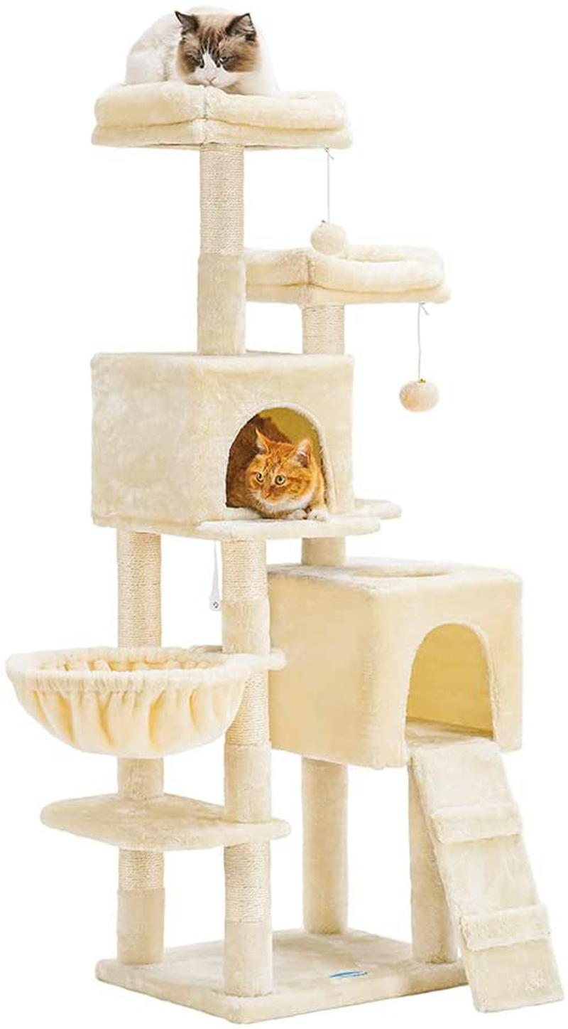 Hey-Brother 58'' Multi-Level Cat Tree Condo Furniture with Sisal-Covered Scratching Posts, 2 Plush Condos, Hammock for Kittens, Cats and Pets Animals & Pet Supplies > Pet Supplies > Cat Supplies > Cat Furniture Hey-brother Beige