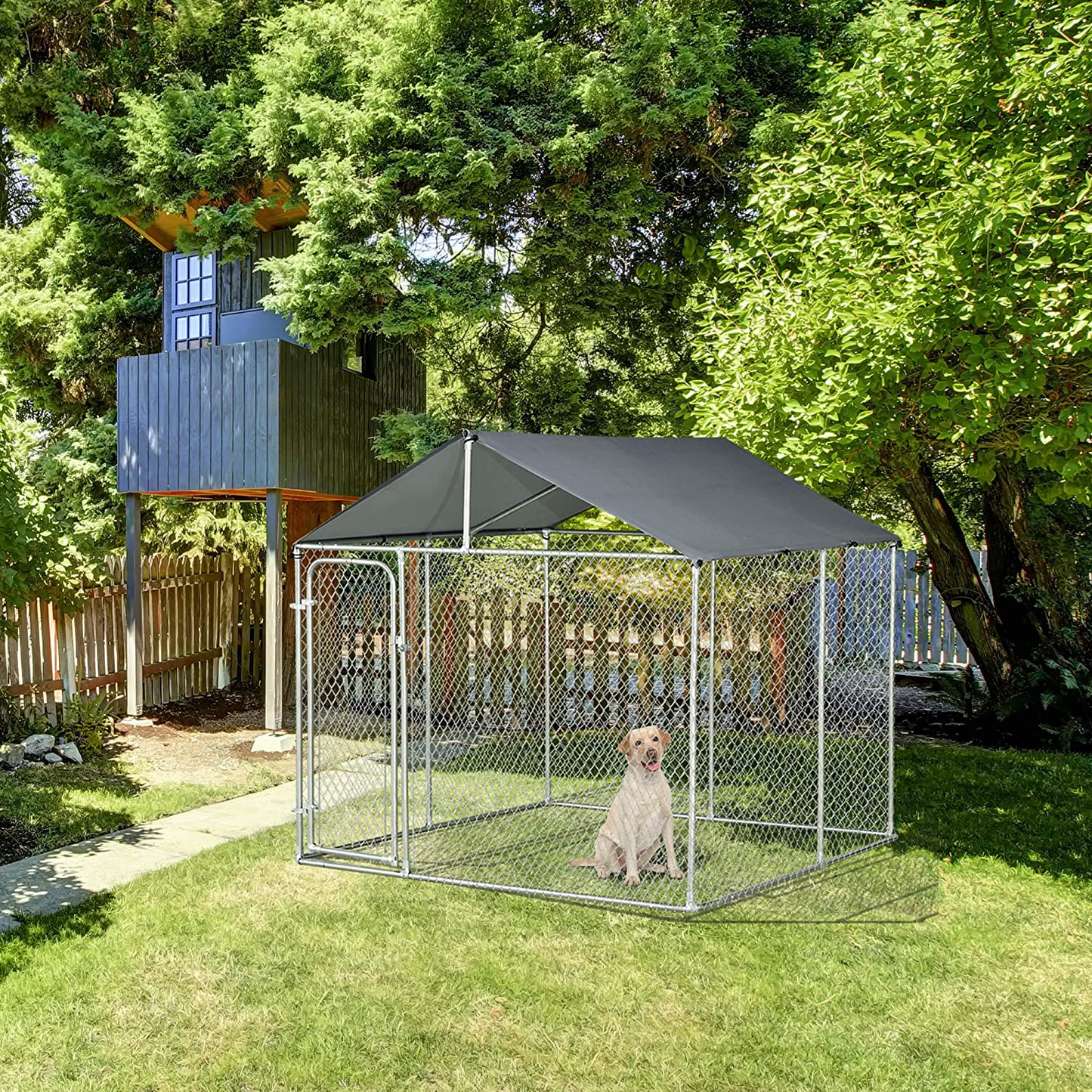 Pawhut Outdoor Dog Kennel Galvanized Steel Fence with Cover Secure Lock Mesh Sidewalls for Backyard Animals & Pet Supplies > Pet Supplies > Dog Supplies > Dog Houses PawHut
