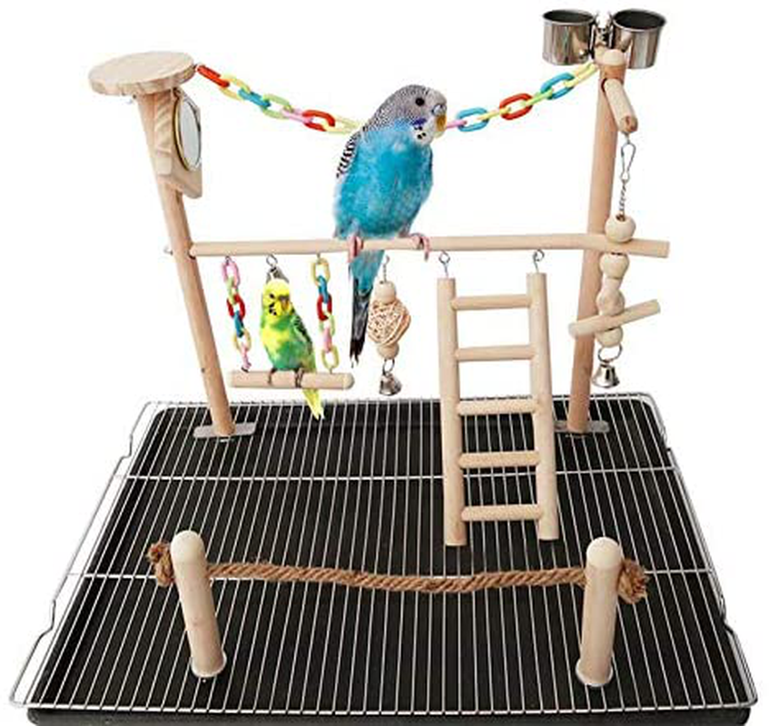 Bird Cage Play Stand Toy Set, Bird Playground Gym Ladder Chewing Toys for Finch, Conure, Parakeets, Budgie, Cockatiels, Lovebirds, Natural Wood Perch Cage Toys with Feeder Cups, Pet Exercise Playpen Animals & Pet Supplies > Pet Supplies > Bird Supplies > Bird Gyms & Playstands Zakynuye