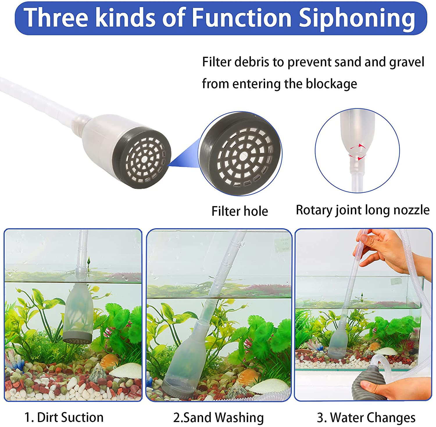 Fish Tank Cleaning Tools, Aquarium Gravel Cleaner Siphon Fish Tank Vacuum Cleaner, Algae Scrapers Set 5 in 1 Fish Tank Gravel Cleaner, Siphon Vacuum for Water Changing and Sand Cleaner (20-65 Gal)