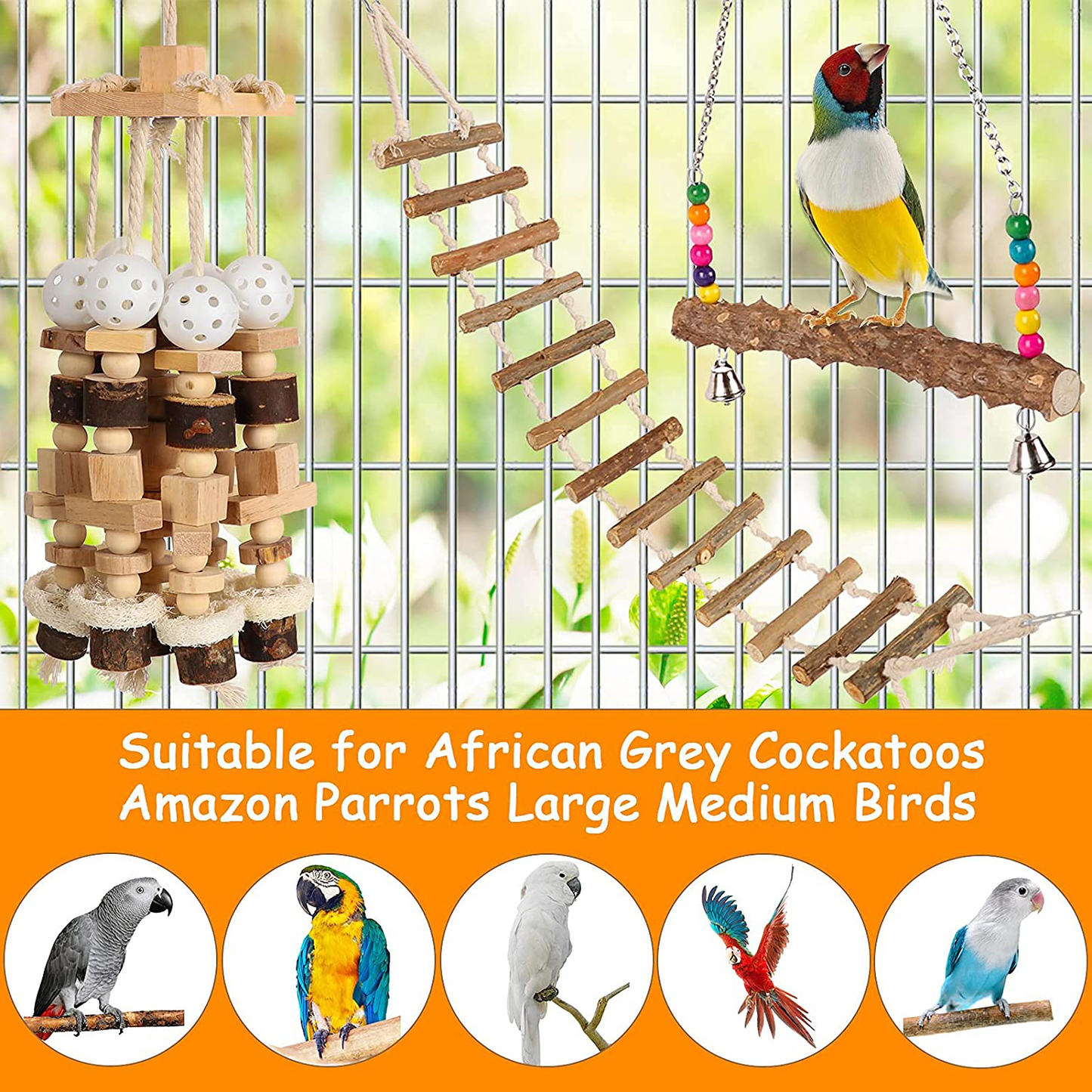 Large Bird Parrot Toys, 3 PCS Natural Wood Block Bird Chewing Toys with Ladder Swing Stand for African Grey Cockatoos Amazon Parrots Large Medium Birds Animals & Pet Supplies > Pet Supplies > Bird Supplies > Bird Cage Accessories LifeIdeas