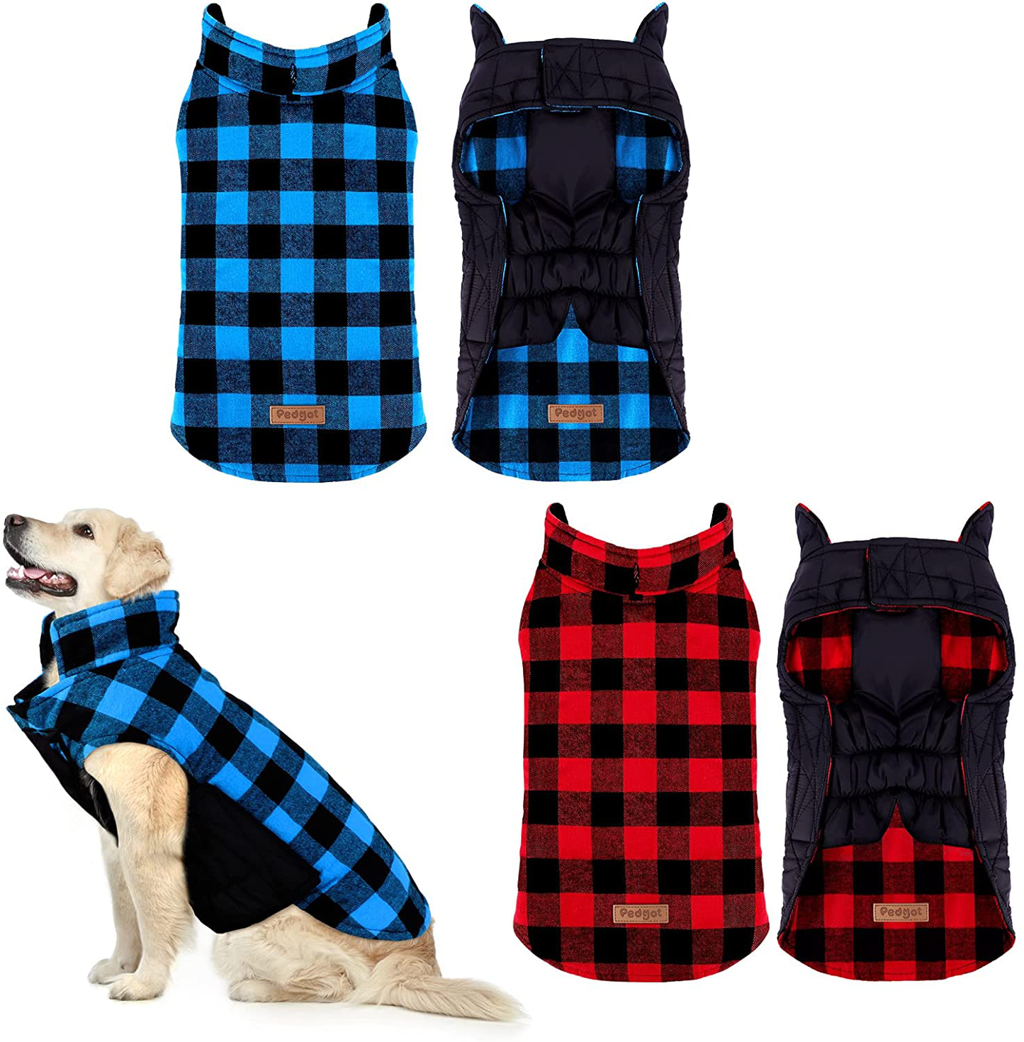 Pedgot 2 Pieces Reversible British Style Plaid Dog Vest Winter Coat Warm Dog Apparel Fleece Lining Dog Apparel Windproof Cozy Cold Dog Jacket for Small Medium Large Dogs Animals & Pet Supplies > Pet Supplies > Dog Supplies > Dog Apparel Pedgot Red, Blue Large
