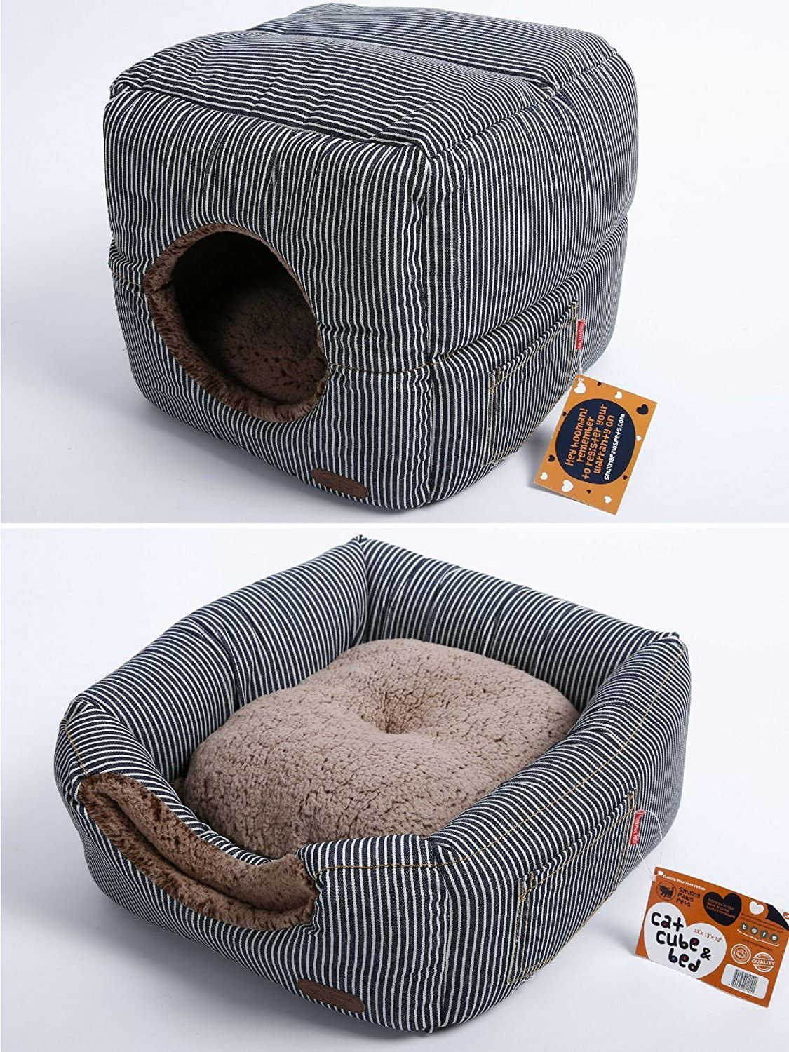Smiling Paws Cat House for Indoor Cats - Quality Washable Small Pet Bed That Serves as a Cat Cave, Cat Condo, or a Popup Cat Tent - a 2 in 1 Covered Cat Bed Cave & Cat Cube for Indoor Cats Animals & Pet Supplies > Pet Supplies > Cat Supplies > Cat Beds Smiling Paws Pets