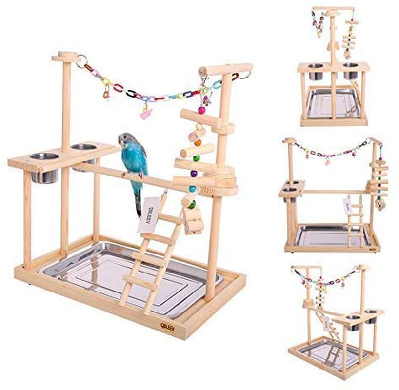 QBLEEV Parrot Playstand Bird Play Stand Cockatiel Playground Wood Perch Gym Playpen Ladder with Feeder Cups Toys Exercise Play (Include a Tray) Animals & Pet Supplies > Pet Supplies > Bird Supplies > Bird Cages & Stands QBLEEV L (19"L13"W21"H)