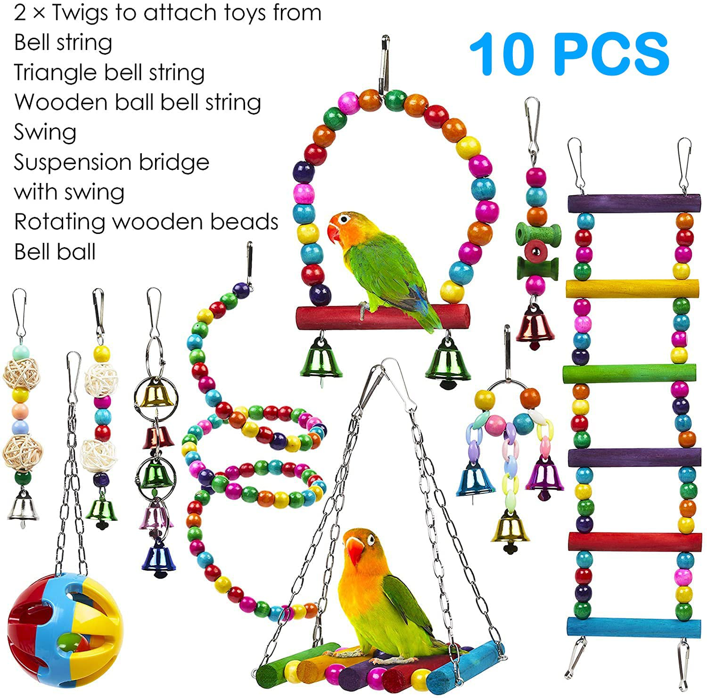 Bird Parrot Toy, 10Pcs Bird Swing Toys Bird Chewing Toys, Colourful Pet Bird Toys with Wooden Hanging Stand Ladder Cage Hanging Bell for Birds, Parrots Animals & Pet Supplies > Pet Supplies > Bird Supplies > Bird Toys AQH