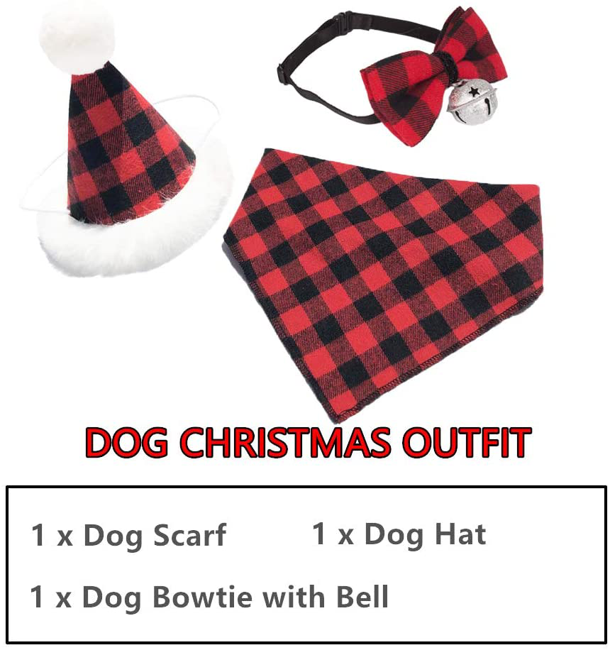 Christmas Dog Bandana Hat Bow Tie Set - Classic Plaid Pet Scarf Triangle Bibs Dog Christmas Costume Decoration Accessories for Small Medium Dogs Cats Pets Animals & Pet Supplies > Pet Supplies > Dog Supplies > Dog Apparel ADOGGYGO