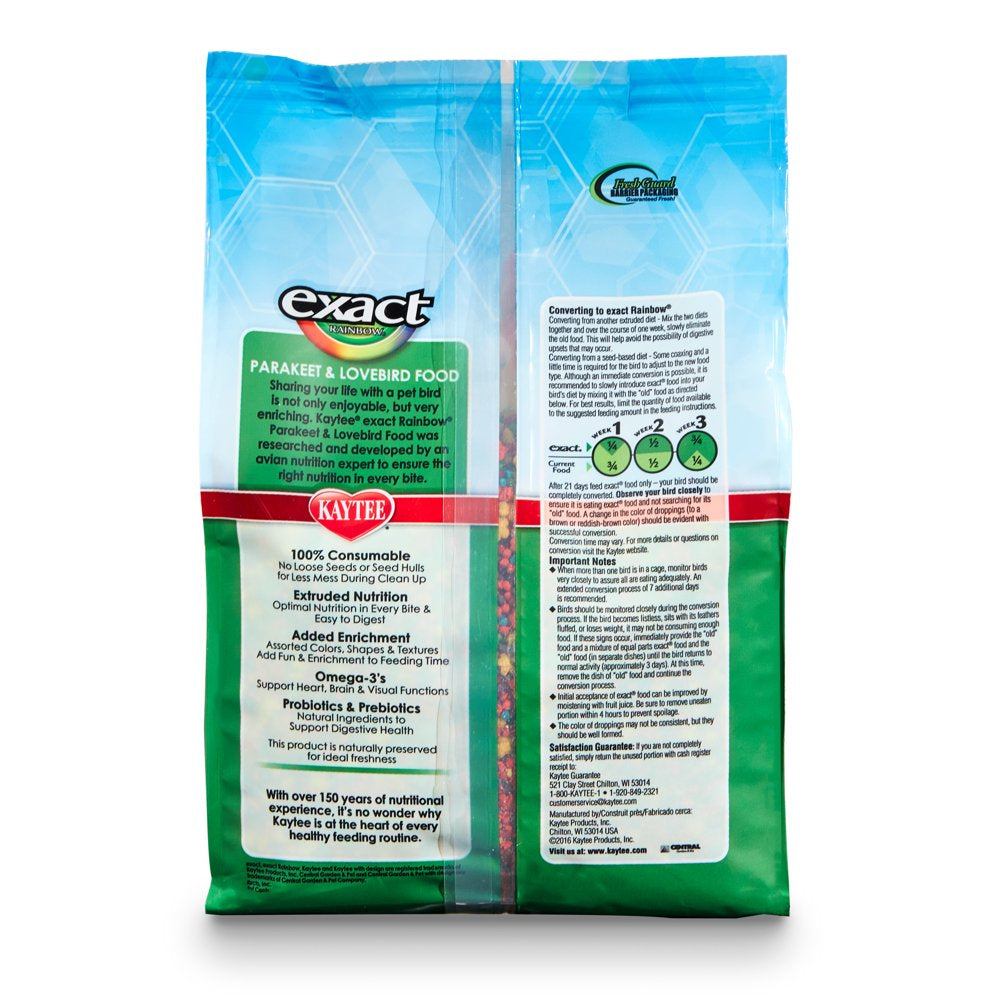 Kaytee Exact Rainbow Parakeet & Lovebird Pet Bird Food, 2 Lb Animals & Pet Supplies > Pet Supplies > Bird Supplies > Bird Food Central Garden and Pet