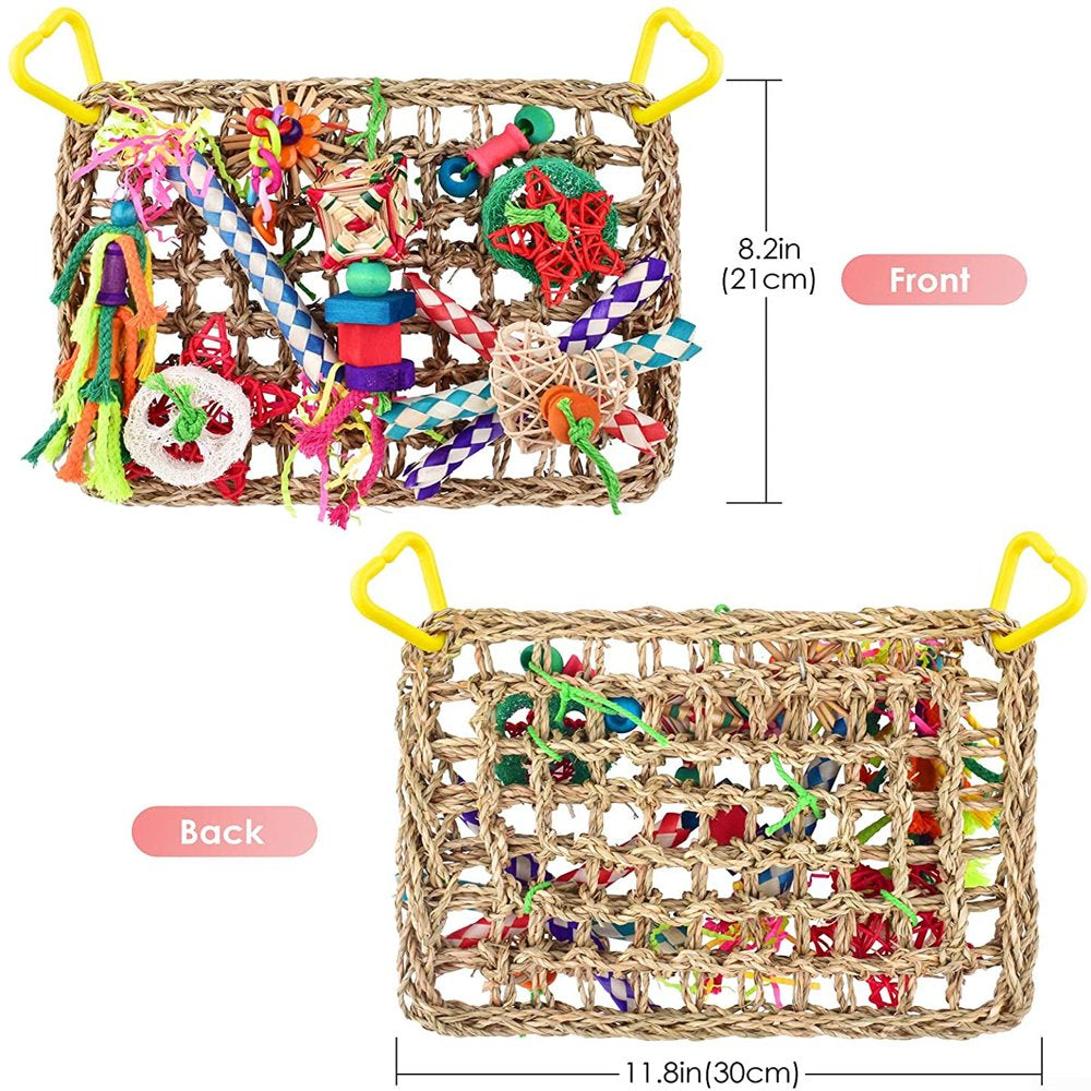 JSSH Bird Toys Seagrass Bird Foraging Toys Wall Edible Seagrass Woven Climbing Hammock Mat with Colorful Chewing Toys Pet Molar Pastime Parrot Toy Animals & Pet Supplies > Pet Supplies > Bird Supplies > Bird Toys JSSH