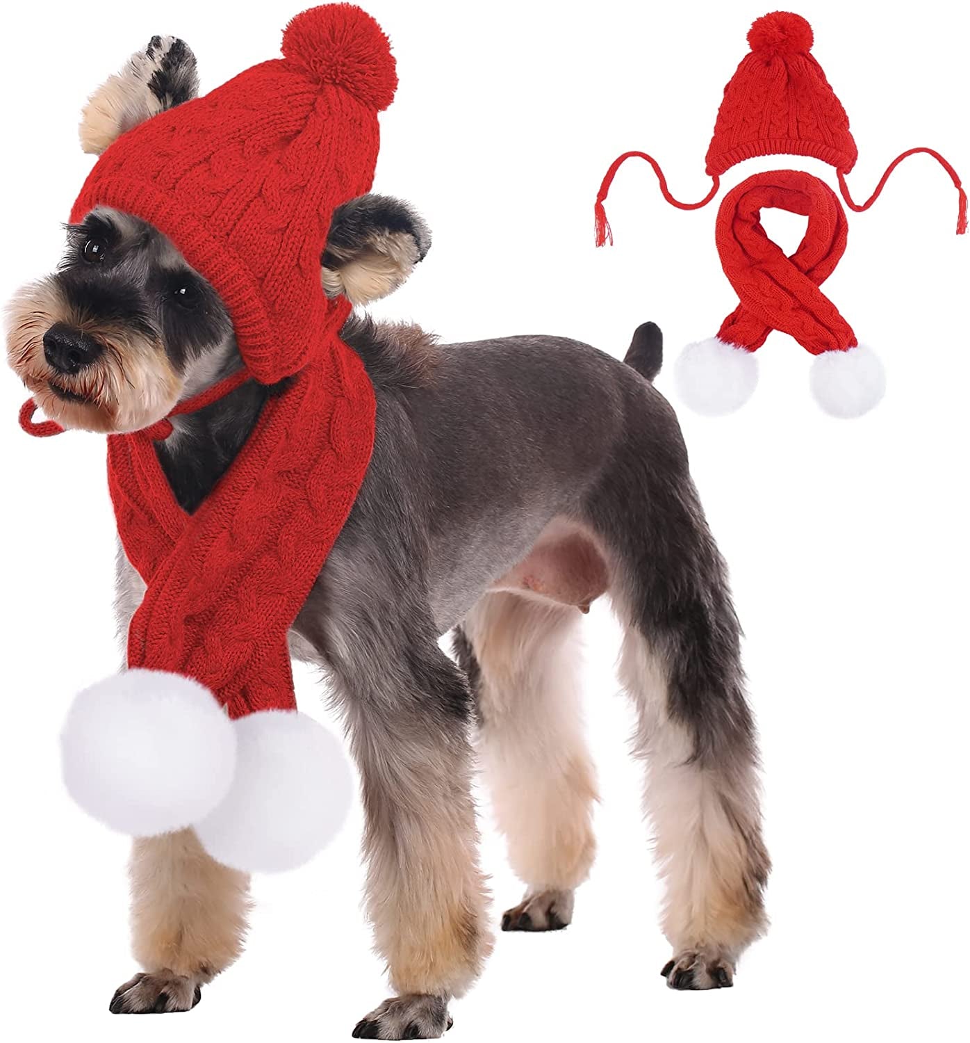Kuoser Dog Hat & Scarf Set, Dog Knitted Hat Pet Christmas Winter Warm Caps Cute Accessories Neck Ear Warmer Hood Warm Scarf Party Decoration for Pet Cat and Dog Fit for Small Medium Large Dogs Grey Animals & Pet Supplies > Pet Supplies > Dog Supplies > Dog Apparel Kuoser Red Dog Neck Girth 11" -14.9" , Head Girth 12.9"