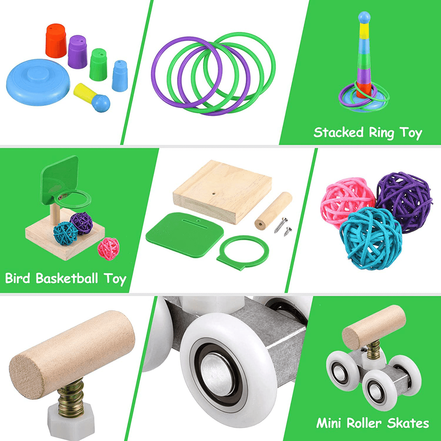 6 Pieces Bird Training Toys Parrot Intelligence Toy Mini Shopping Cart Mini Roller Skate Toy Basketball Stacking Rings Bird Toy Bell Balls for Parrots and Birds Trick Tabletop Toys Animals & Pet Supplies > Pet Supplies > Bird Supplies > Bird Toys Skylety