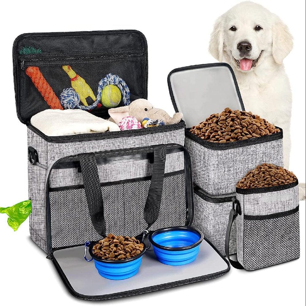 6 Set Dog Travel Bag, Large Pet Travel Kit for Supplies Includes 1 Travel Organizer for Dogs, 2 Collapsible Bowls, 2 Food Containers, 1 Treat Pouch, Dog Weekend Overnight Travel Bags Luggage, Grey Animals & Pet Supplies > Pet Supplies > Dog Supplies > Dog Diaper Pads & Liners SWCCQ