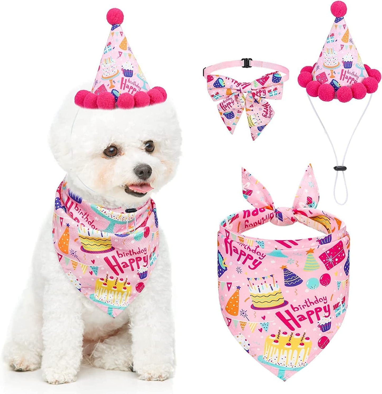 Dog Birthday Bandana Hat with Cake Plush Squeak Toy - Birthday Boy Triangle Scarf and Adjustable Polka Dot Hat, Cute Birthday Party Supplies for Small and Medium Dogs and Cats Animals & Pet Supplies > Pet Supplies > Dog Supplies > Dog Apparel Forwardog Pink-Bowtie