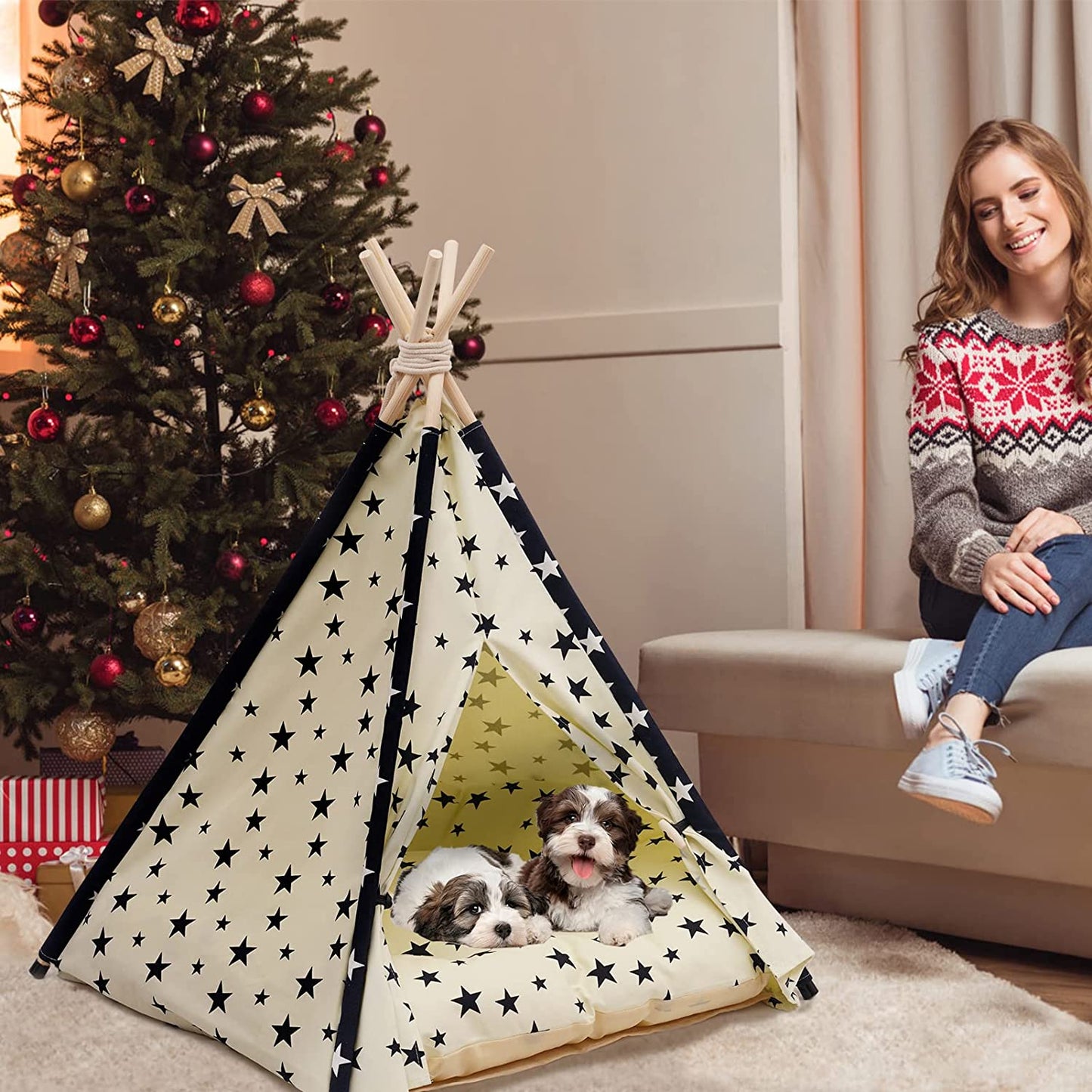 Pet Teepee Tent for Dogs & Cats, 24 Inch Portable Indoor Dog House with Thick Cushion, Cat Teepee Tent Washable Animals & Pet Supplies > Pet Supplies > Dog Supplies > Dog Houses Ealing