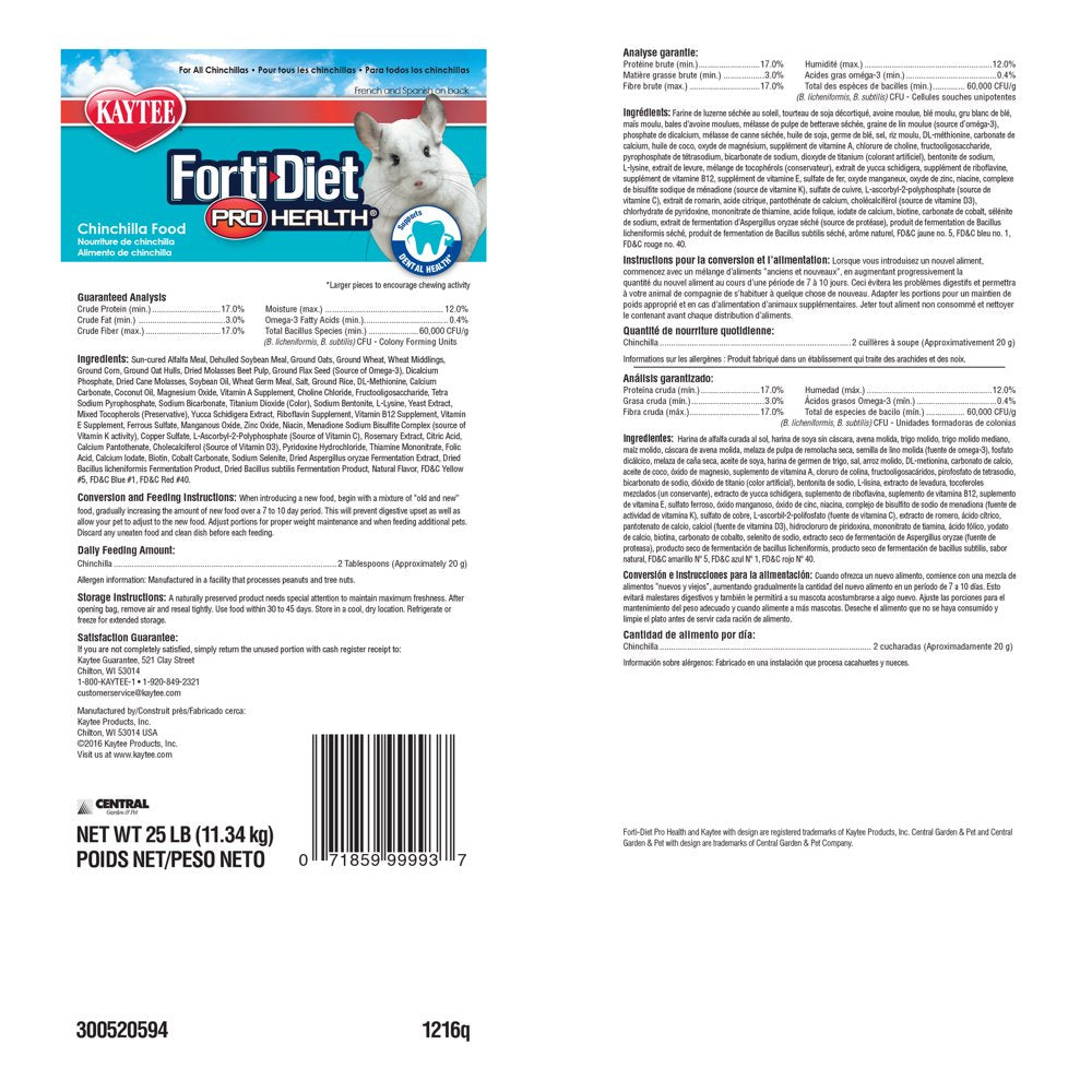 Kaytee Forti-Diet Pro Health Chinchilla Food 25Lb Animals & Pet Supplies > Pet Supplies > Small Animal Supplies > Small Animal Food Central Garden and Pet