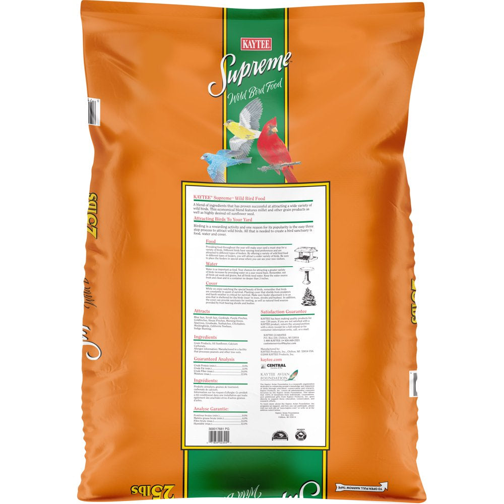 Kaytee Supreme Wild Bird Feed and Seed Millet-Free, 25 Lb. Bag Animals & Pet Supplies > Pet Supplies > Bird Supplies > Bird Food Central Garden and Pet