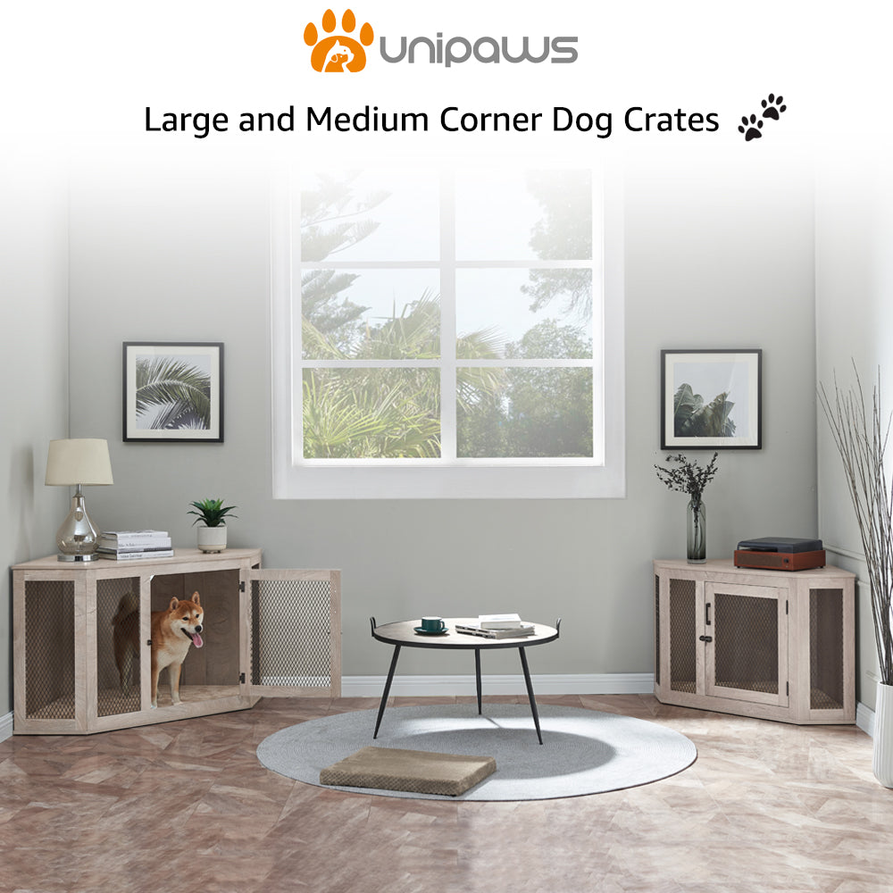 Unipaws Dog House Corner Furniture Style Dog Crate,Wooden Decorative Corner Dog Kennel with Pad Large Animals & Pet Supplies > Pet Supplies > Dog Supplies > Dog Houses Unipaws