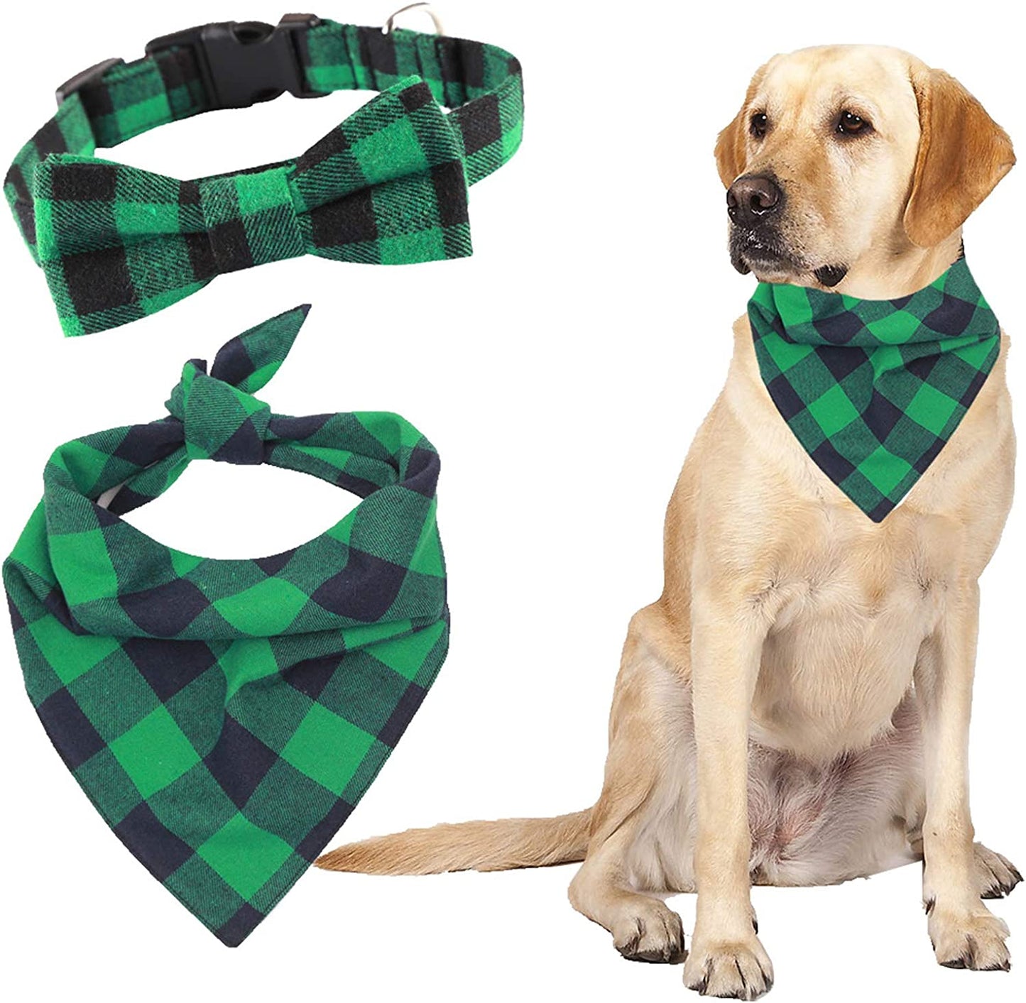 Dog Collar and Bandana Set ,Dog Collar Christmas Red and Black Plaid Bow Tie Dog Collar for Medium Adjustable Dog Collar for Large Dog Bandana Collar for Small Dogs Animals & Pet Supplies > Pet Supplies > Dog Supplies > Dog Apparel Siroomly Green S