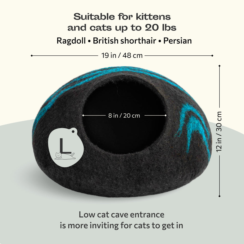 MEOWFIA Cat Bed for Large Cats - Wool Cat Cave Bed - Black Aqua Animals & Pet Supplies > Pet Supplies > Cat Supplies > Cat Beds MEOWFIA