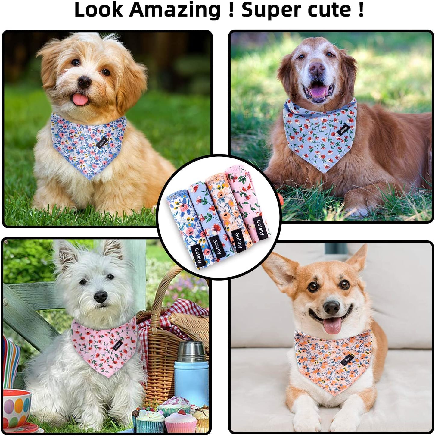 Gofshy Dog Bandanas - 4PCS Puppy Bandana Orange Pink Blue Floral Printing Dog Bib Kerchief Scarf Accessories for Small Medium Large Dogs Cats Pets Birthday Gift(M Animals & Pet Supplies > Pet Supplies > Dog Supplies > Dog Apparel youyishi