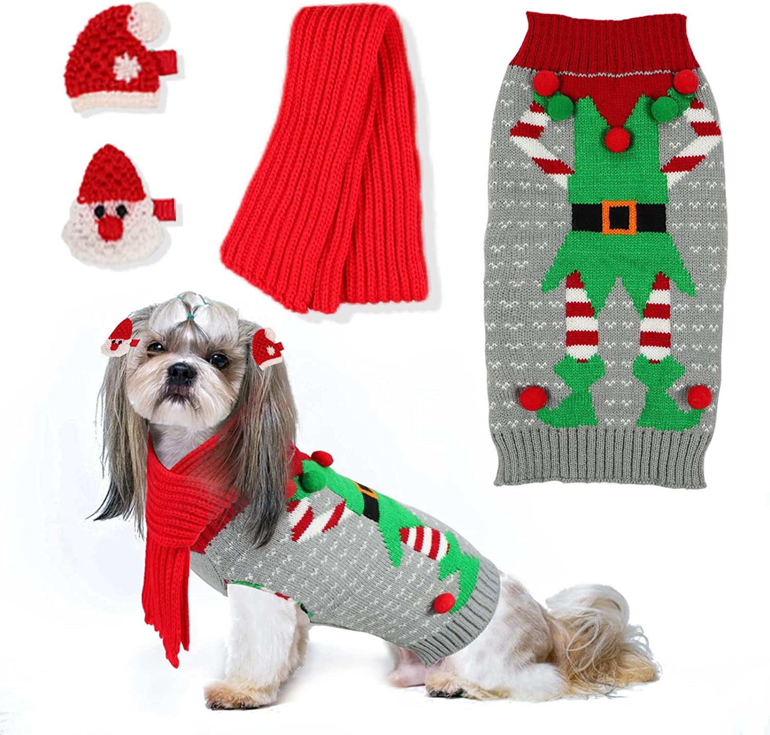 SGQCAR 4Pieces Ugly Christmas Dog Sweater with Scarf and Hairpin