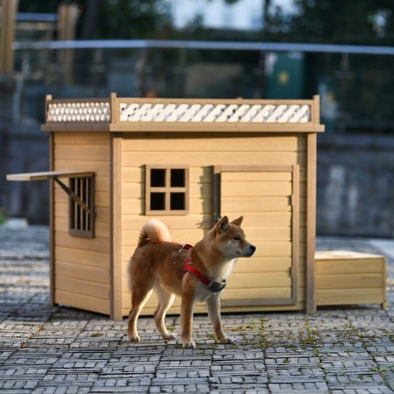 CHURANTY 31.5” Wooden Puppy Pet Dog House Wood Room Puppy Shelter Kennel Outdoor & Indoor Dog Crate, with Flower Stand, Plant Stand, with Wood Feeder Animals & Pet Supplies > Pet Supplies > Dog Supplies > Dog Houses CHURANTY 39.4"