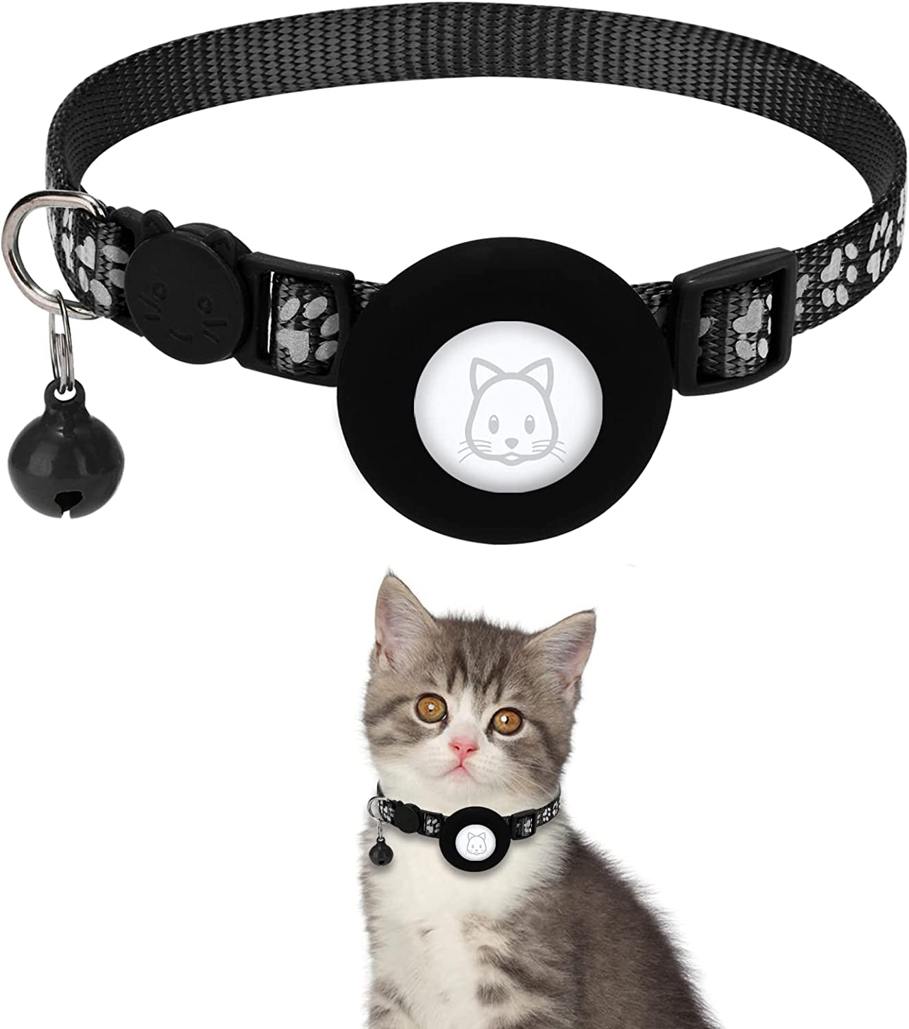 Airtag Cat Collar with Breakaway Bell, Reflective Paw Pattern Strap with Air Tag Case for Cat Kitten and Extra Small Dog (Pink) Electronics > GPS Accessories > GPS Cases Kuaguozhe Black  