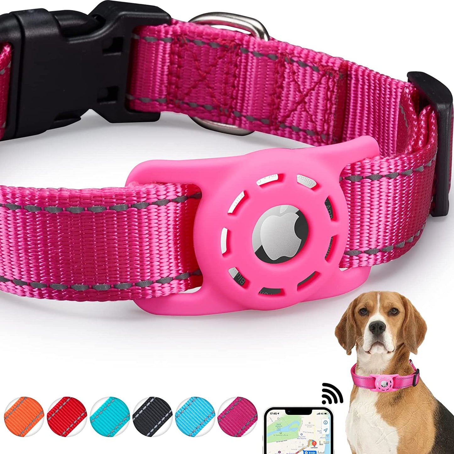KONITY Reflective Airtag Dog Collar, Compatible with Apple Airtag, Nylon Pet Cat Puppy Collar with Silicone Airtag Holder for Small Medium Large Dogs Electronics > GPS Accessories > GPS Cases Konity Pink M: 12.6" -19.7" neck 