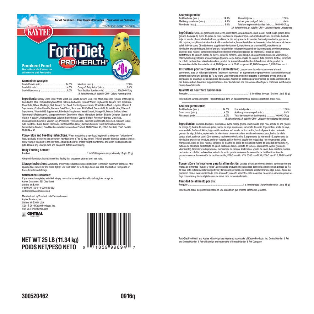 Kaytee Forti-Diet Pro Health Parakeet Pet Bird Food, 25 Lb Animals & Pet Supplies > Pet Supplies > Bird Supplies > Bird Food Central Garden and Pet