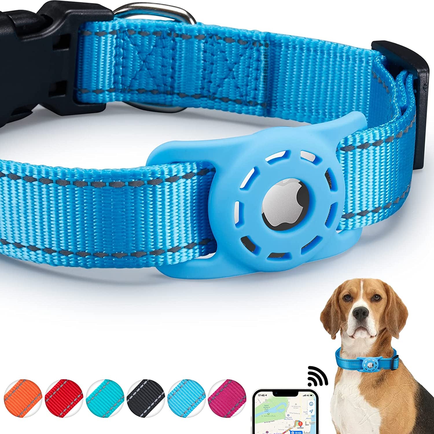 KONITY Reflective Airtag Dog Collar, Compatible with Apple Airtag, Nylon Pet Cat Puppy Collar with Silicone Airtag Holder for Small Medium Large Dogs Electronics > GPS Accessories > GPS Cases Konity Blue XS: 8"-12" neck 