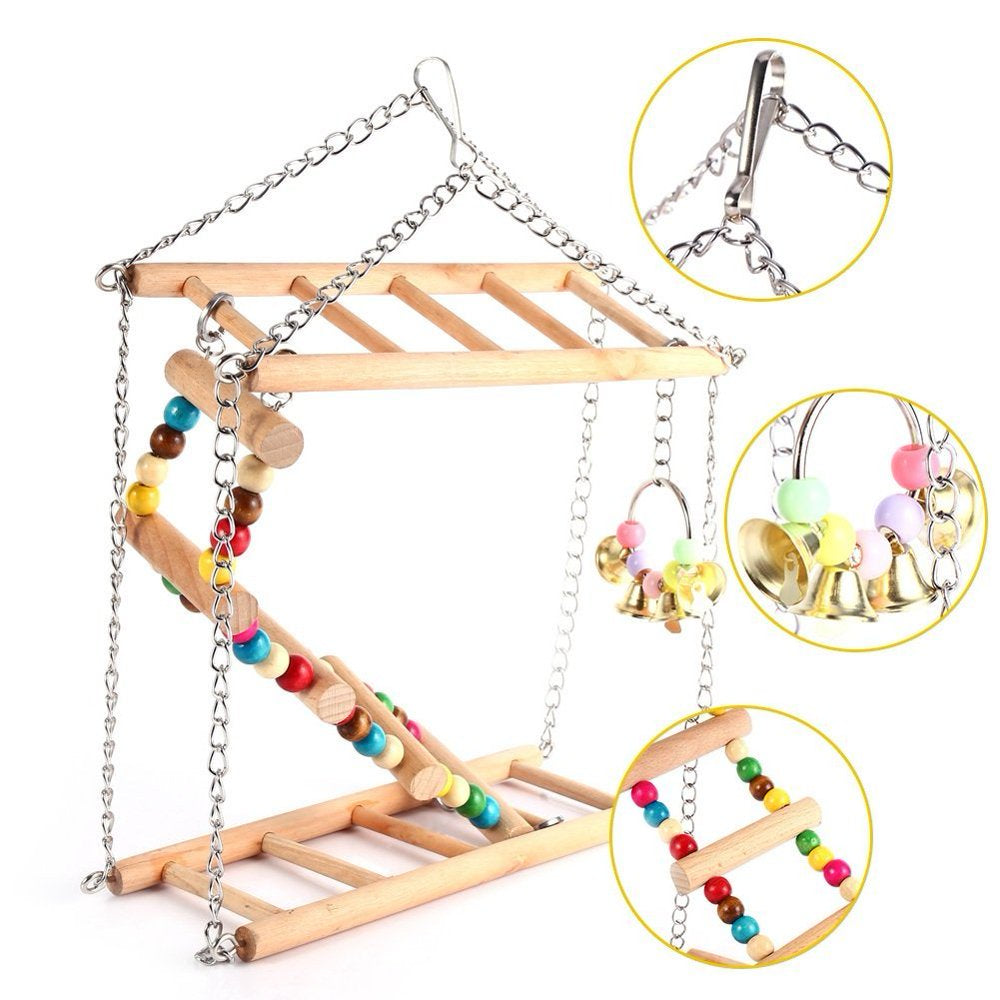 Pet Hanging Ladder Wooden Suspension Bridge Steps Stairs Climbing Swing Double-Layer Toys for Bird Parakeet Hamster Budgie Cockatiel Parrot Hammock Cage Toy Animals & Pet Supplies > Pet Supplies > Bird Supplies > Bird Toys FAGINEY