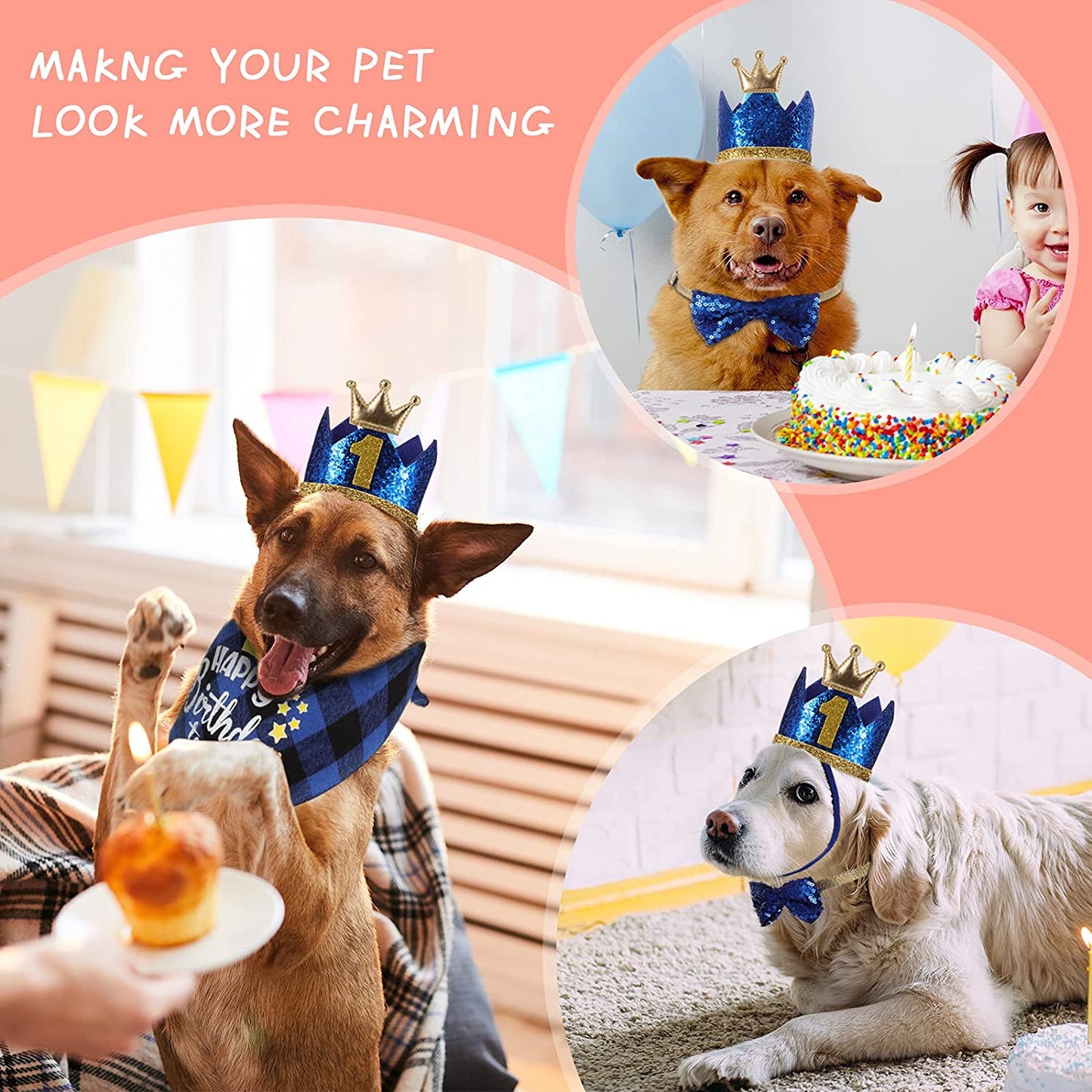 Dog Birthday Party Supplies Bandana Scarf Bling Dog Crown Hat Pet Bow Tie Collar Set with 0-9 Figures Pet Cute Costume Accessories for Small Medium Dog Puppy Kitten Pet Birthday Dress (Blue) Animals & Pet Supplies > Pet Supplies > Dog Supplies > Dog Apparel Weewooday