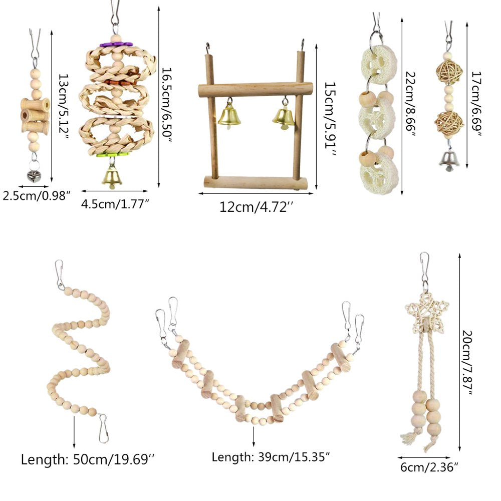 Parrot Wood Toys 8 Pieces Set Including Swing Ladder Wood Perch Chew Toys with Bells for Bird Cage Easy to Install Animals & Pet Supplies > Pet Supplies > Bird Supplies > Bird Ladders & Perches YMILEMY