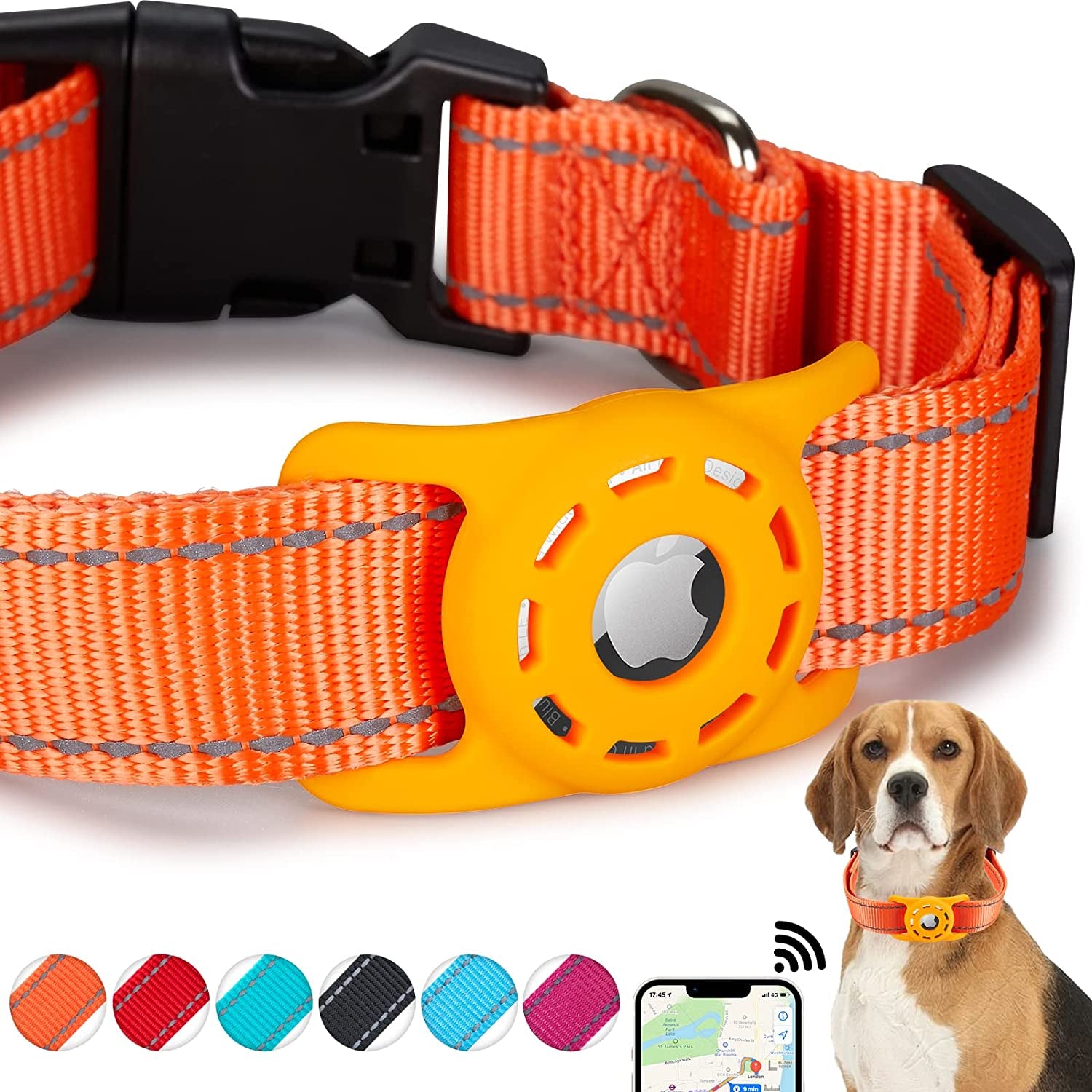 KONITY Reflective Airtag Dog Collar, Compatible with Apple Airtag, Nylon Pet Cat Puppy Collar with Silicone Airtag Holder for Small Medium Large Dogs Electronics > GPS Accessories > GPS Cases Konity Orange M: 12.6" -19.7" neck 