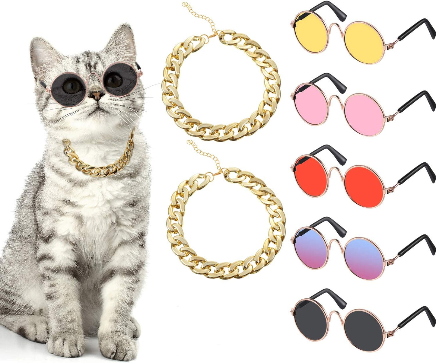 7 Pieces Sunglasses for Cats Dog Sunglasses Gold Chain Costume Funny Cute Pet Glasses (Bright Colors,Classic Style) Animals & Pet Supplies > Pet Supplies > Dog Supplies > Dog Apparel Weewooday Vivid Colors Lovely Style