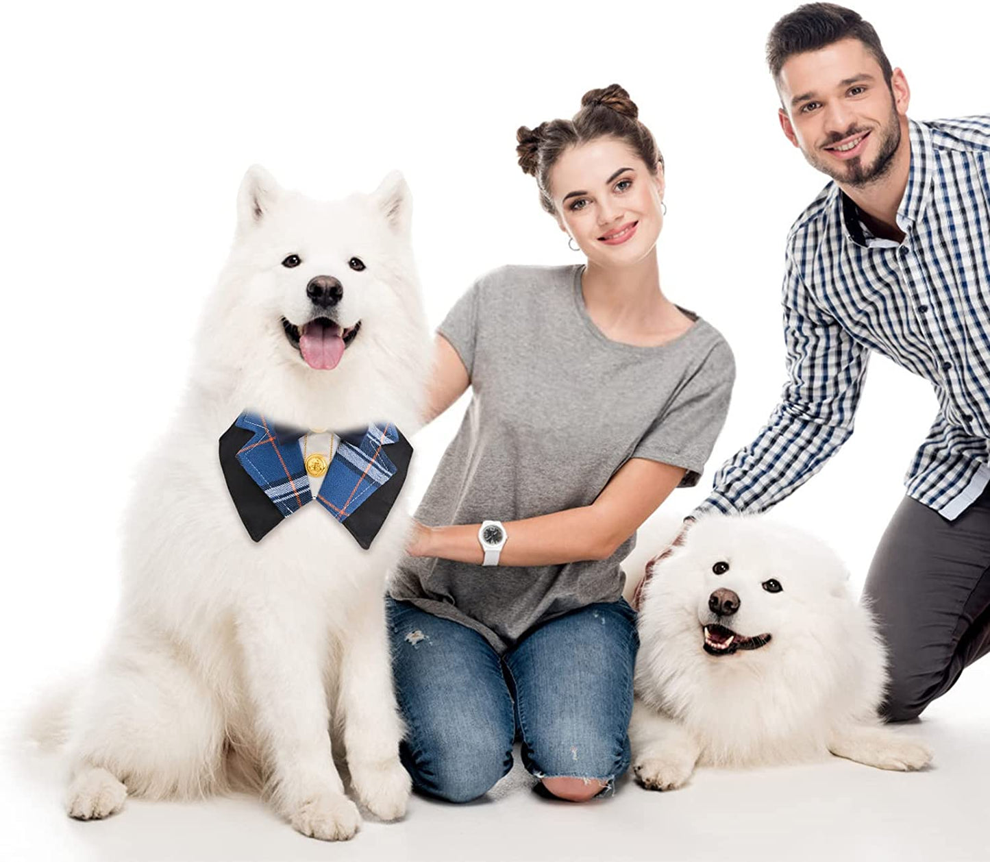 URROMA Preppy Dog Tuxedo, Classic Blue Check Dog Bowtie Collar Formal Pet Collar Bandana Bow Tie Collar for Small Dogs Cat Wedding Costumes, M Animals & Pet Supplies > Pet Supplies > Dog Supplies > Dog Apparel URROMA