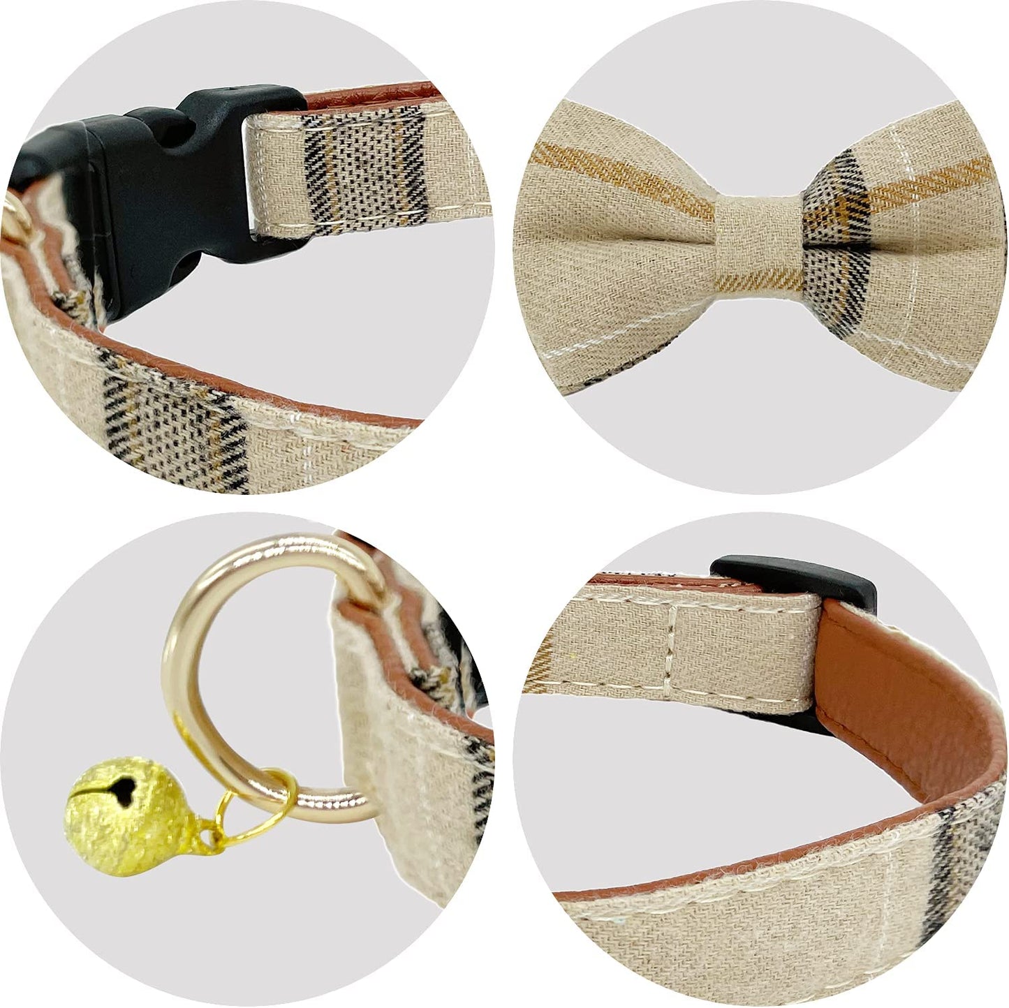 KUDES Plaid Dog Collar with Bow, 2 Pack/Set Adjustable Cute Dog Bow Tie Collars with Bell, Best Pet Gift for Small Medium Large Boy Male Dogs, Beige & Brown (S(9.6''-13.8''), Beige & Brown) Animals & Pet Supplies > Pet Supplies > Dog Supplies > Dog Apparel Leegoo