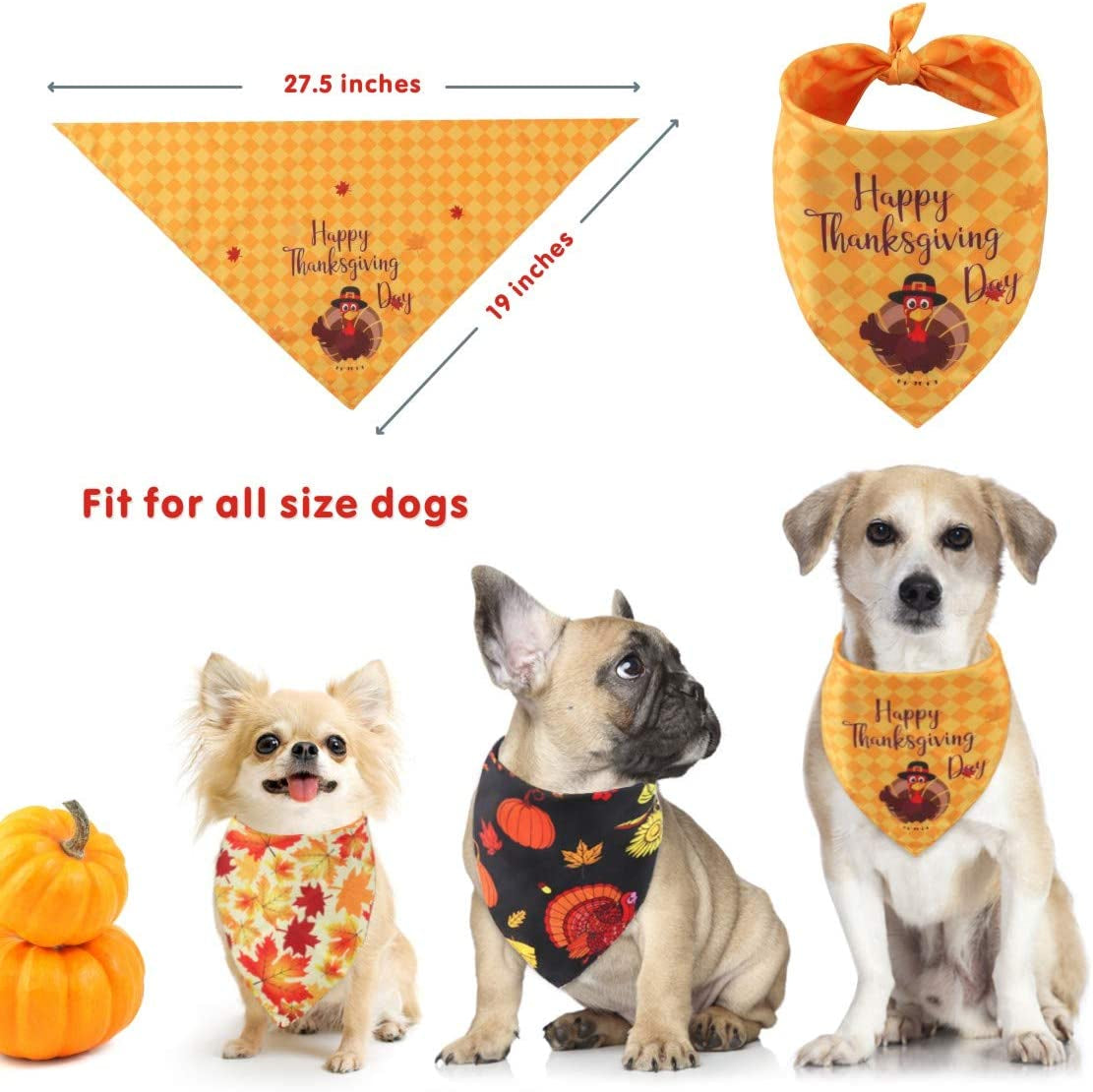 Idepet Autumn Dog Bandana 3 Pack Halloween Fall Pet Triangle Bibs Scarf Cute Turkey Maple Leaf Printing Kerchief Sets Washable Accessories for Small Medium Large Dogs Cats Reversible Animals & Pet Supplies > Pet Supplies > Dog Supplies > Dog Apparel Idepet