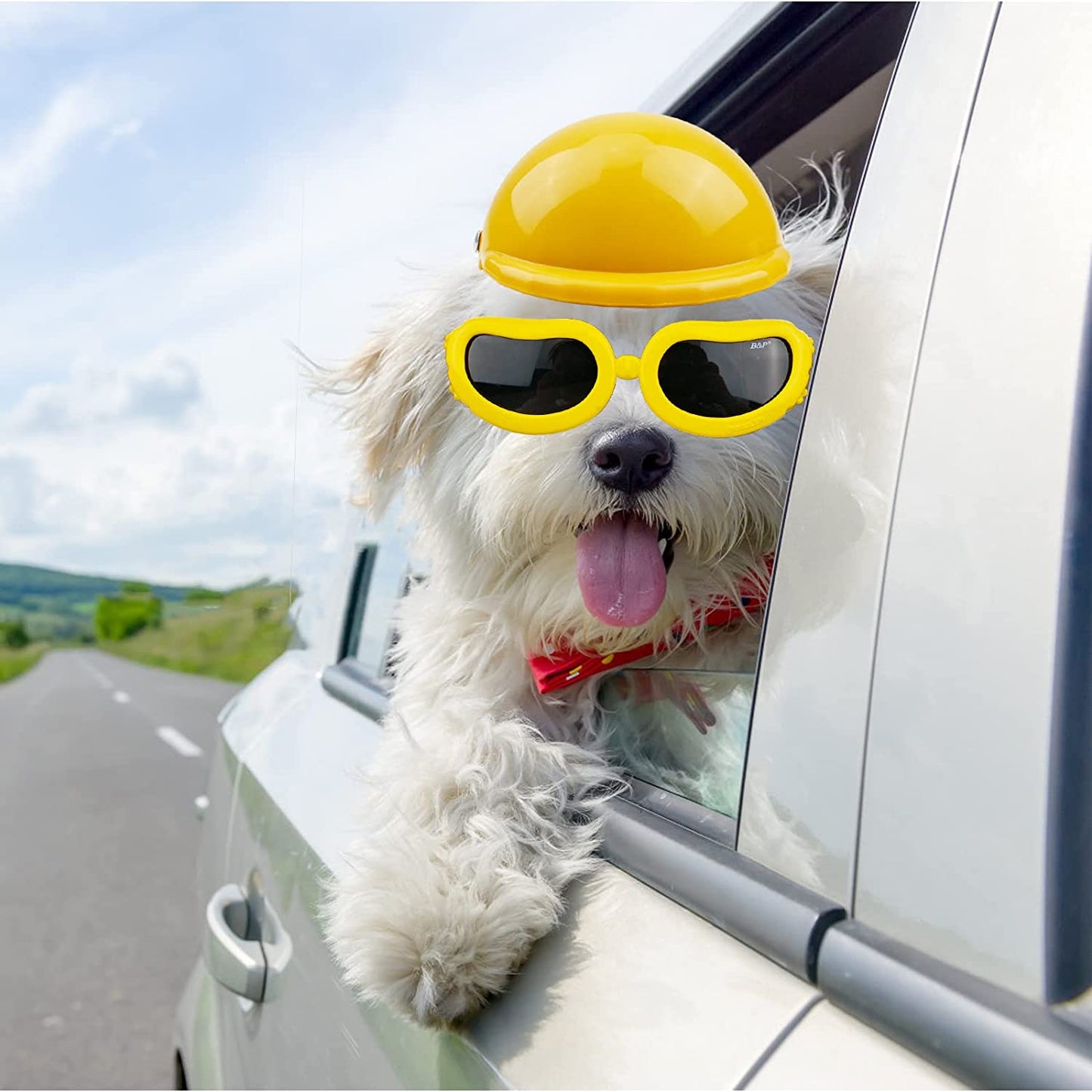 HACRAHO Dog Helmet and Goggles Set, 2 PCS Yellow 4 Inch Pet Dog Motorcycle Helmet and Sunglasses Dog Safety Cap with Adjustable Strap and Pet Goggles with Elastic Strap for Small Medium Dogs Animals & Pet Supplies > Pet Supplies > Dog Supplies > Dog Apparel HACRAHO