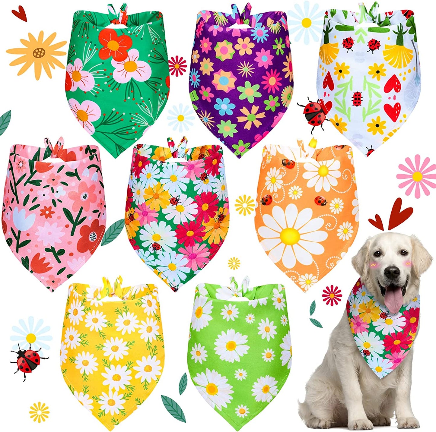 8 Pieces Summer Dog Bandanas Flower Print Reversible Triangle Bibs Floral Puppy Scarf Kerchief Accessories for Dogs Cats Pets (Cute Flower Patterns,Xl) Animals & Pet Supplies > Pet Supplies > Dog Supplies > Dog Apparel Weewooday Summer Flower L