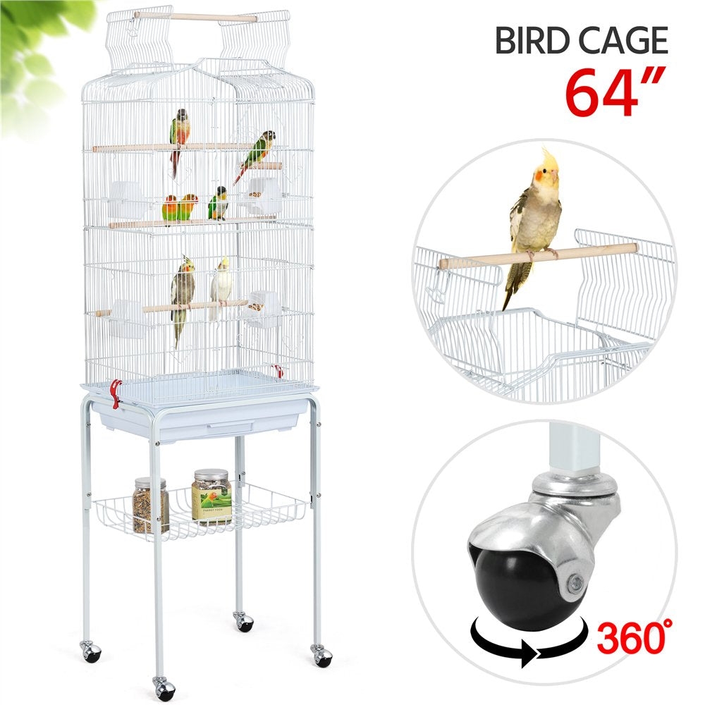 Topeakmart 64''H Open Top Metal Birdcage Rolling Parrot Cage with Detachable Stand, Almond Animals & Pet Supplies > Pet Supplies > Bird Supplies > Bird Cages & Stands Topeakmart White